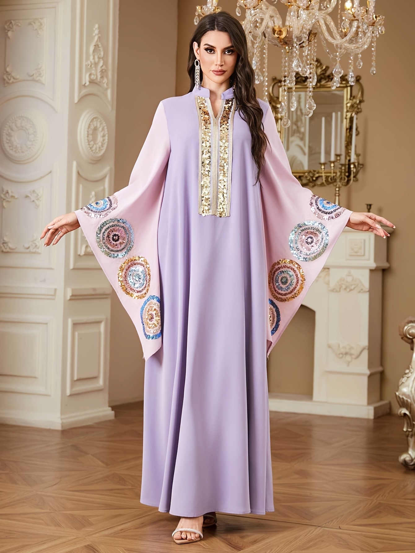 Women's Elegant Maxi Abaya Kaftan - Formal Evening Gown & Everyday Islamic Dress in Lavender Purple, Batwing Sleeves, Non-Stretch Formal event & Women's Elegant Maxi Abaya Kaftan - Formal Evening Gown & Everyday Islamic Dress in Lavender Purple, Batwing Sleeves, Non-Stretch Formal event &