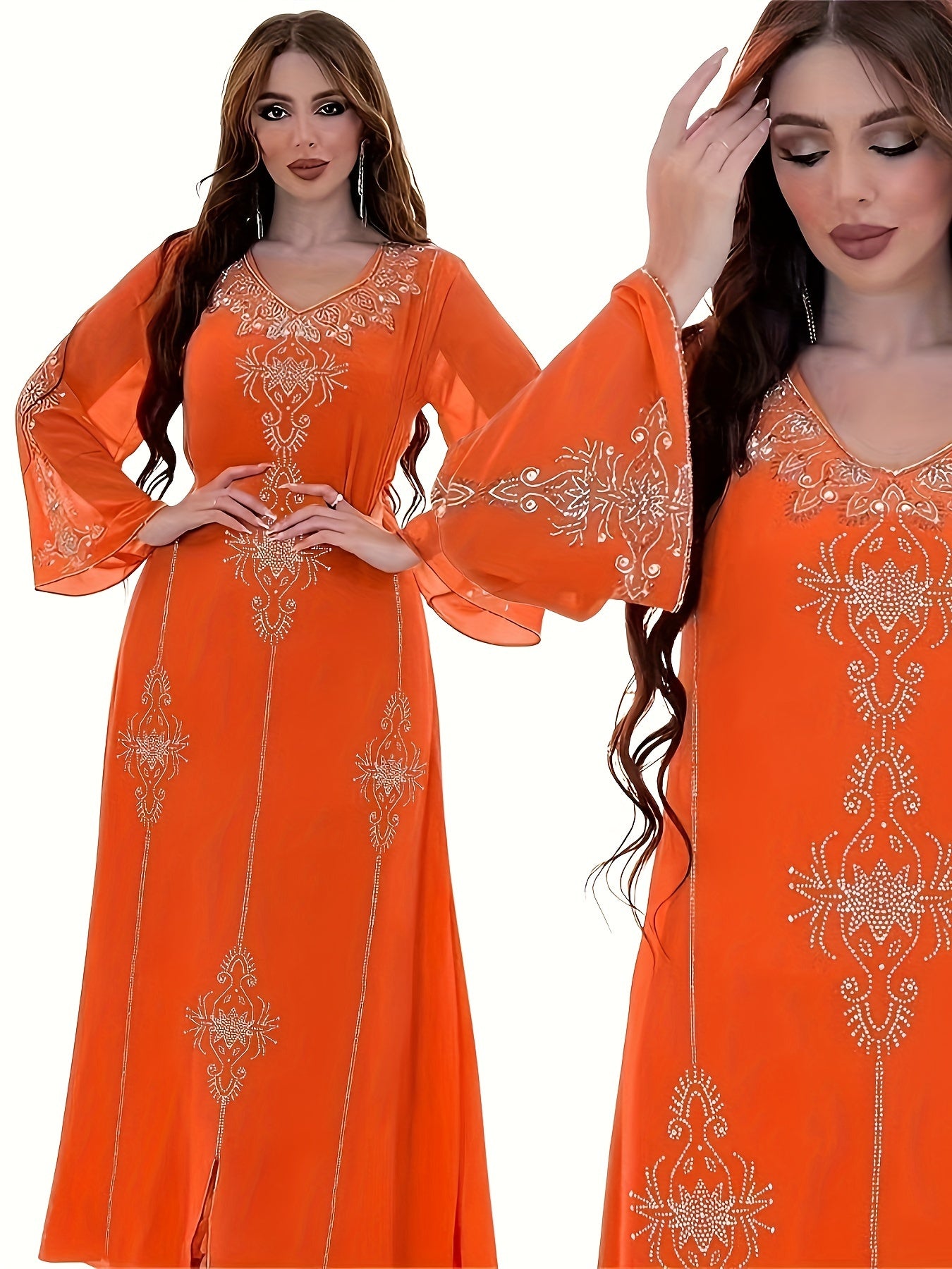 Elegant Rhinestone Embellished Chiffon Dress - Summer Long Robe for Women, Polyester, Machine Washable, Middle Eastern Style Palestinian Abaya
