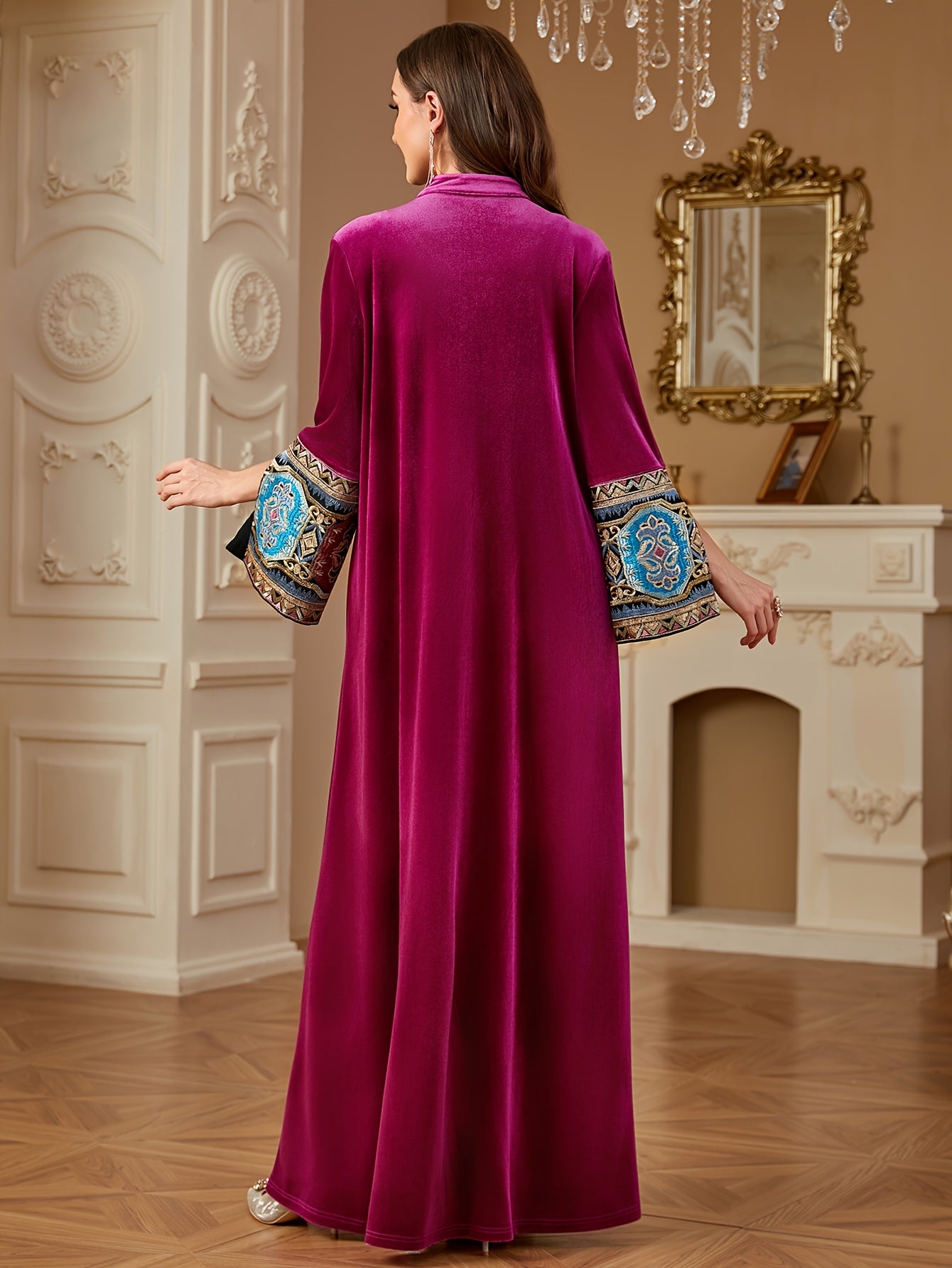 Women's Middle Eastern-Inspired V-Neck Long Sleeve A-Line kaftan Abaya - Burgundy with Multicolor Embroidery, Loose Fit Floor-Length Traditional Elegance for Autumn/Winter, Machine Washable