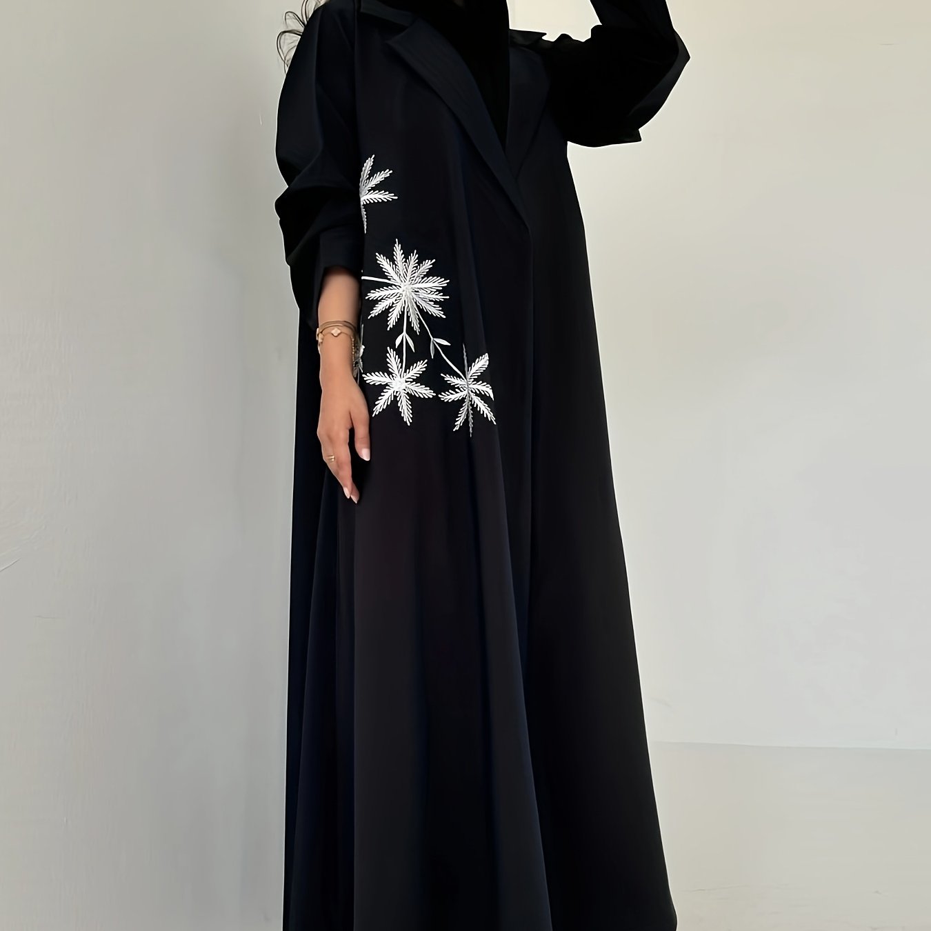 Elegant Black Modest Embroidered Abaya with Floral Pattern - Long Sleeve, Open Front, Loose Fit for Women - Perfect for Spring/Summer/Fall - Dubai Style, Modest Apparel | Elegant Abaya