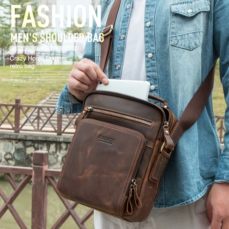 3 Color Vintage Leather Men'S Shoulder Bag Messenger Bag Crossbody Bag Handbag Zipper Pocket 9.7" Tablet Holder Gift