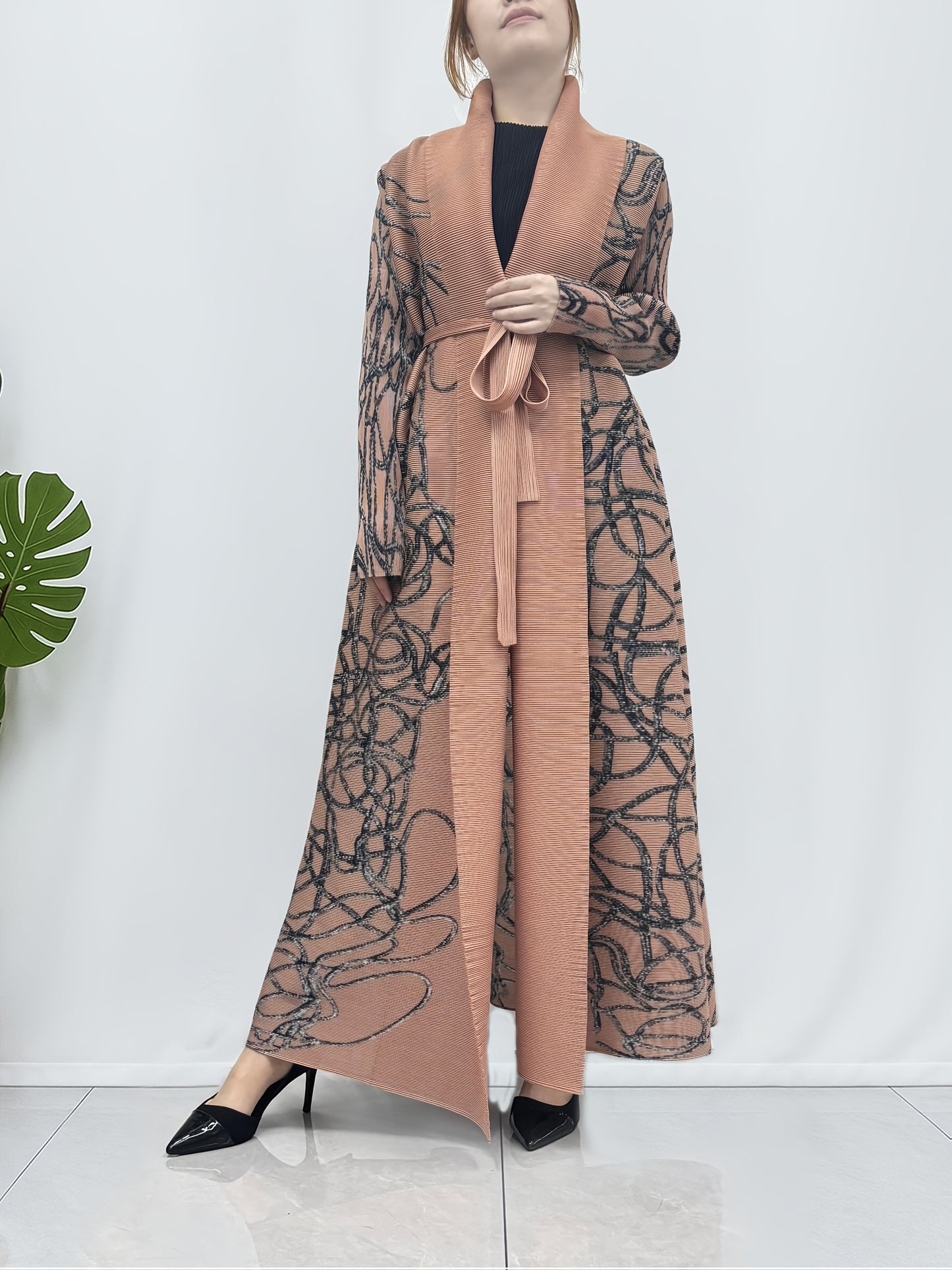 Women's Elegant Middle Eastern Abaya Robe - Long Maxi Dress with Adjustable Waist Belt, Flowy Pantsuit-like Outfit in Soft Pink/Black/, Stretchy Non-Transparent Fabric for Travel, Formal Events, Everyday