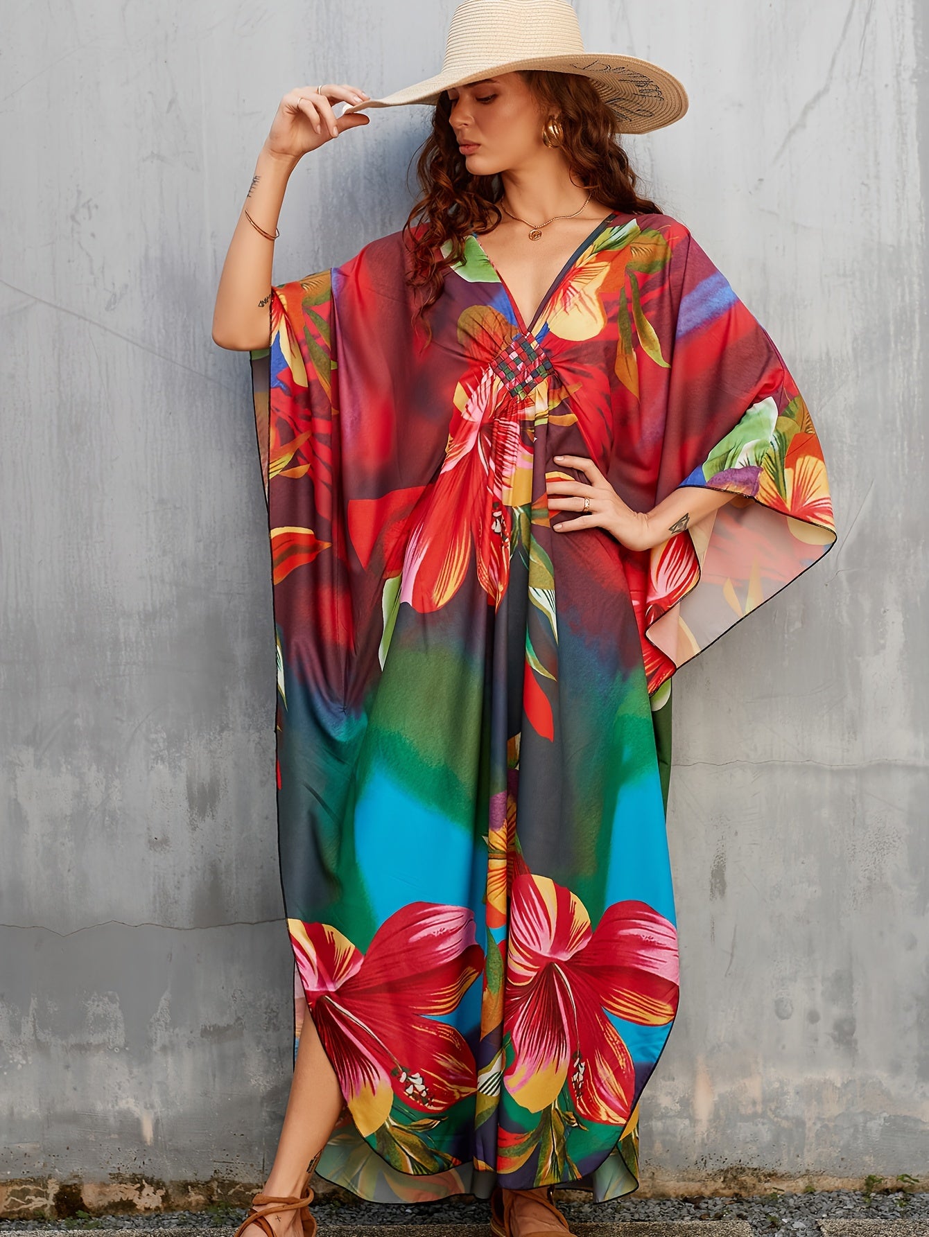 Women's Long Beach Cover Up With Floral Print Kaftan Deep V-neck Casual Vacation Bikini Swimsuit Cover Up
