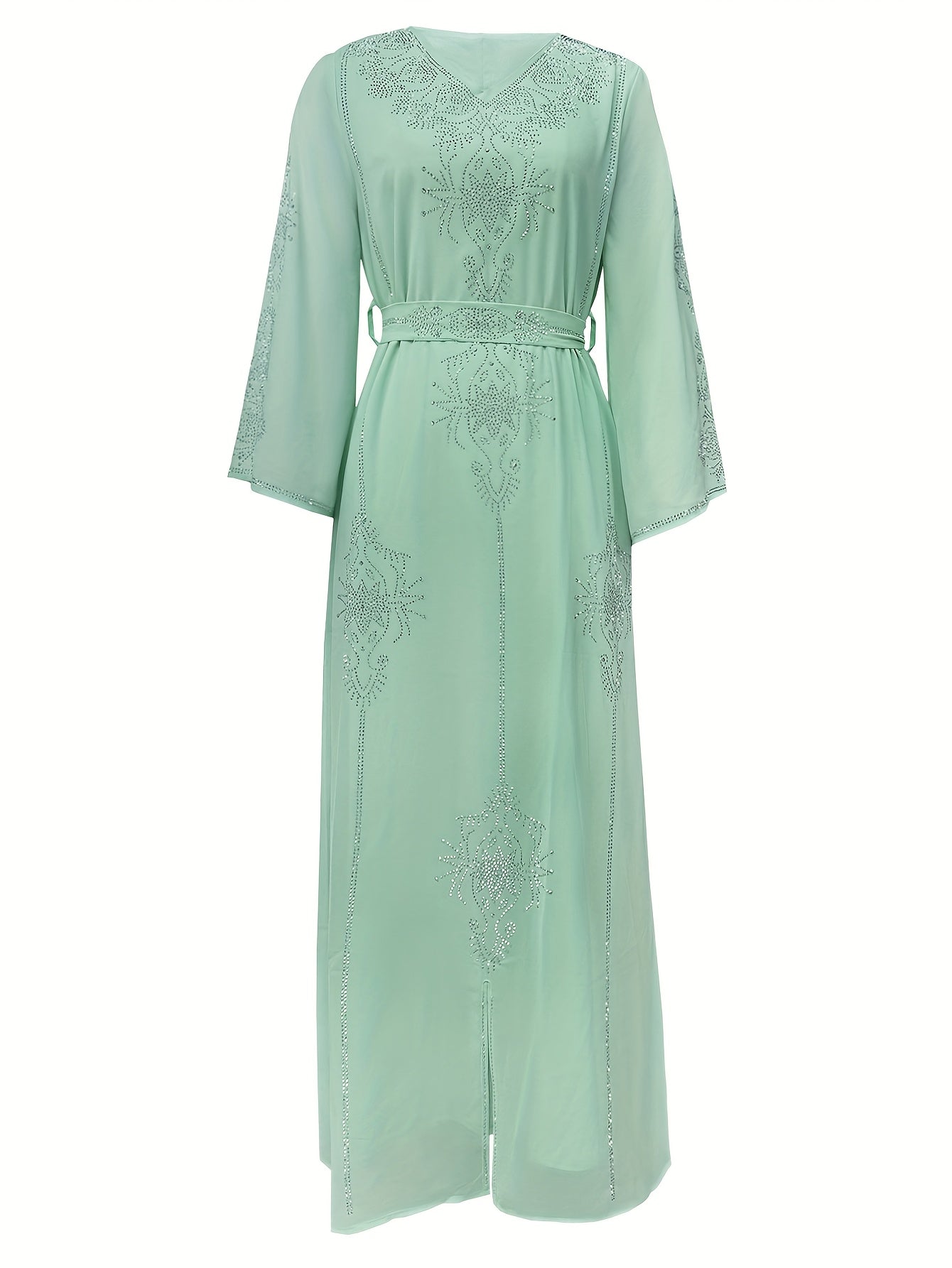 Elegant Rhinestone Embellished Chiffon Dress - Summer Long Robe for Women, Polyester, Machine Washable, Middle Eastern Style Palestinian Abaya
