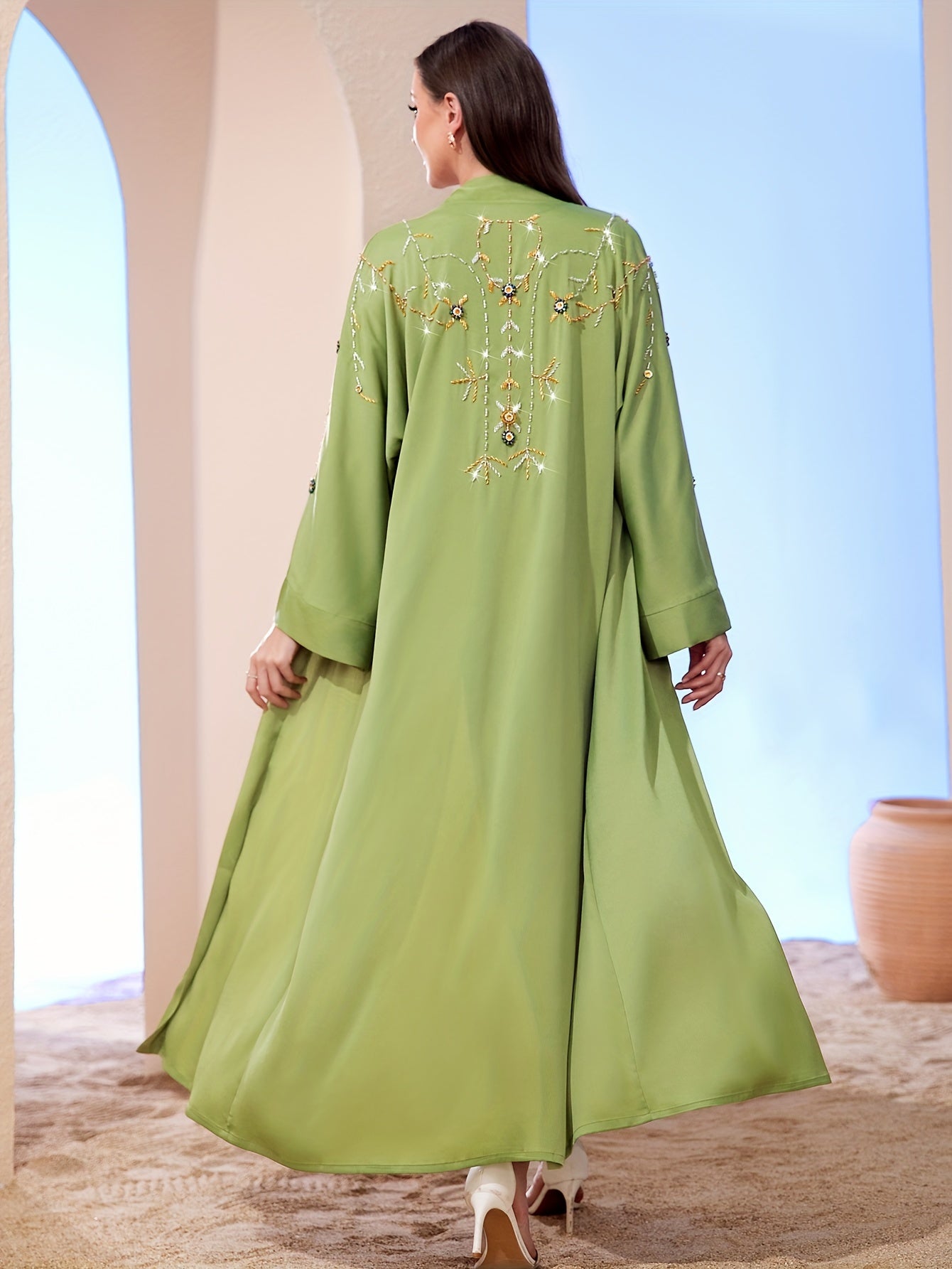 Rhinestone Long Sleeve Modest Dress, Elegant Open Front Abaya Loose Ankle Dress For Spring & Fall, Women's Clothing