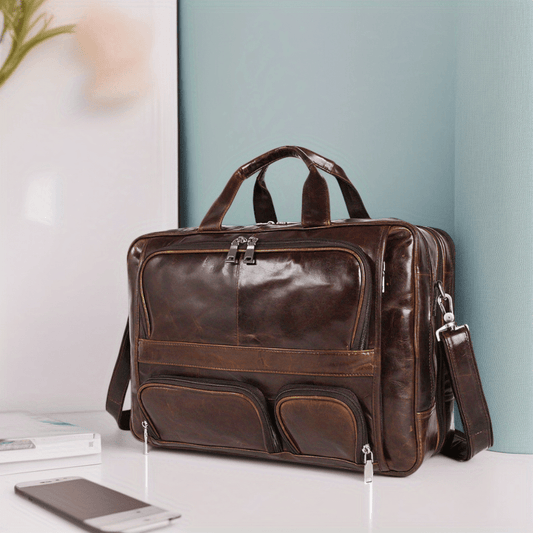 Men's Genuine Leather Laptop Backpack - Vintage European & American Style Top-Grain Cowhide, Large Capacity Multifunctional Crossbody Bag with Multiple Compartments