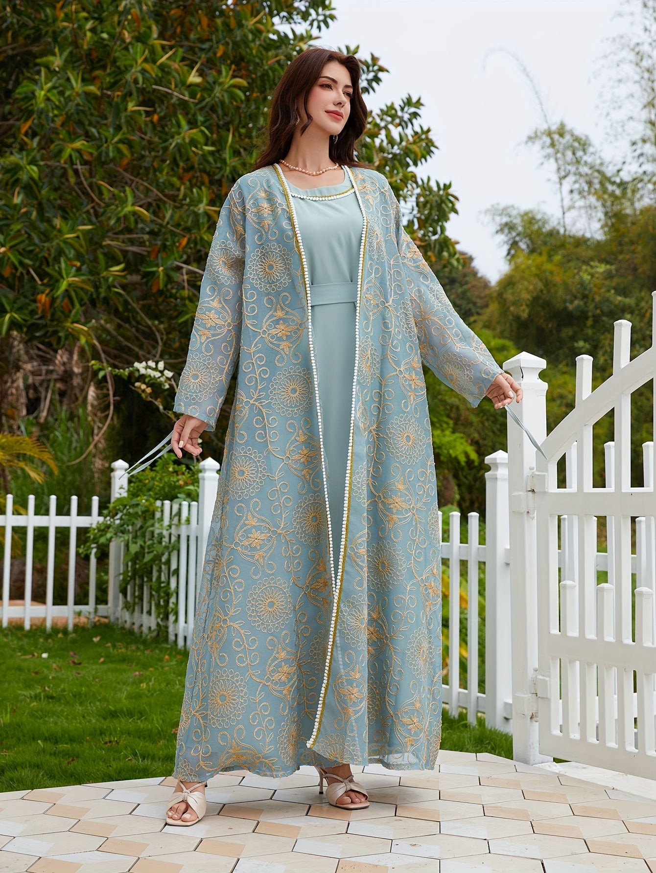 2pcs embroidered gray-blue Turkish elegant festive abaya set