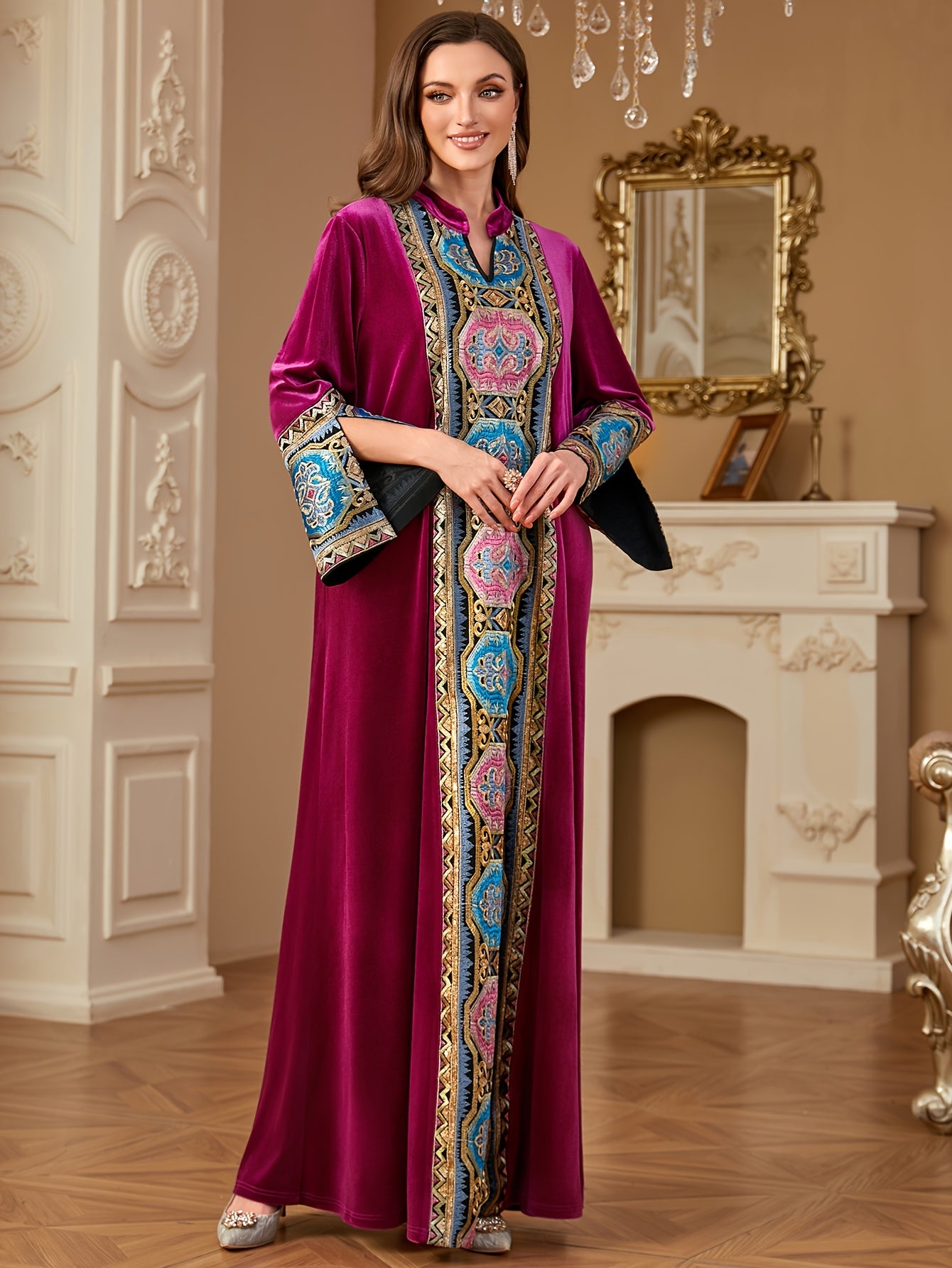 Women's Middle Eastern-Inspired V-Neck Long Sleeve A-Line kaftan Abaya - Burgundy with Multicolor Embroidery, Loose Fit Floor-Length Traditional Elegance for Autumn/Winter, Machine Washable