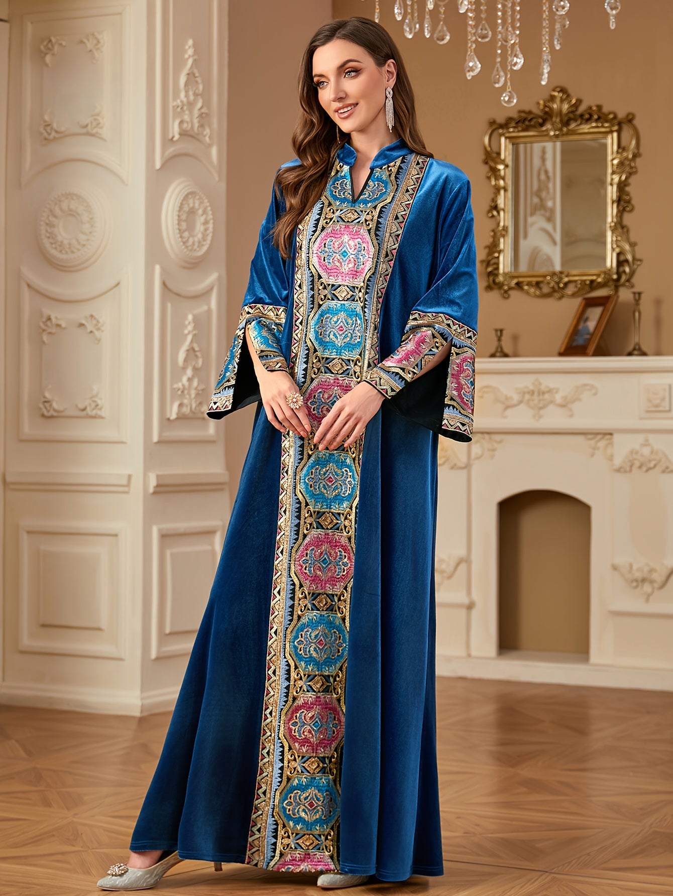 Women's Middle Eastern-Inspired V-Neck Long Sleeve A-Line kaftan Abaya - Burgundy with Multicolor Embroidery, Loose Fit Floor-Length Traditional Elegance for Autumn/Winter, Machine Washable