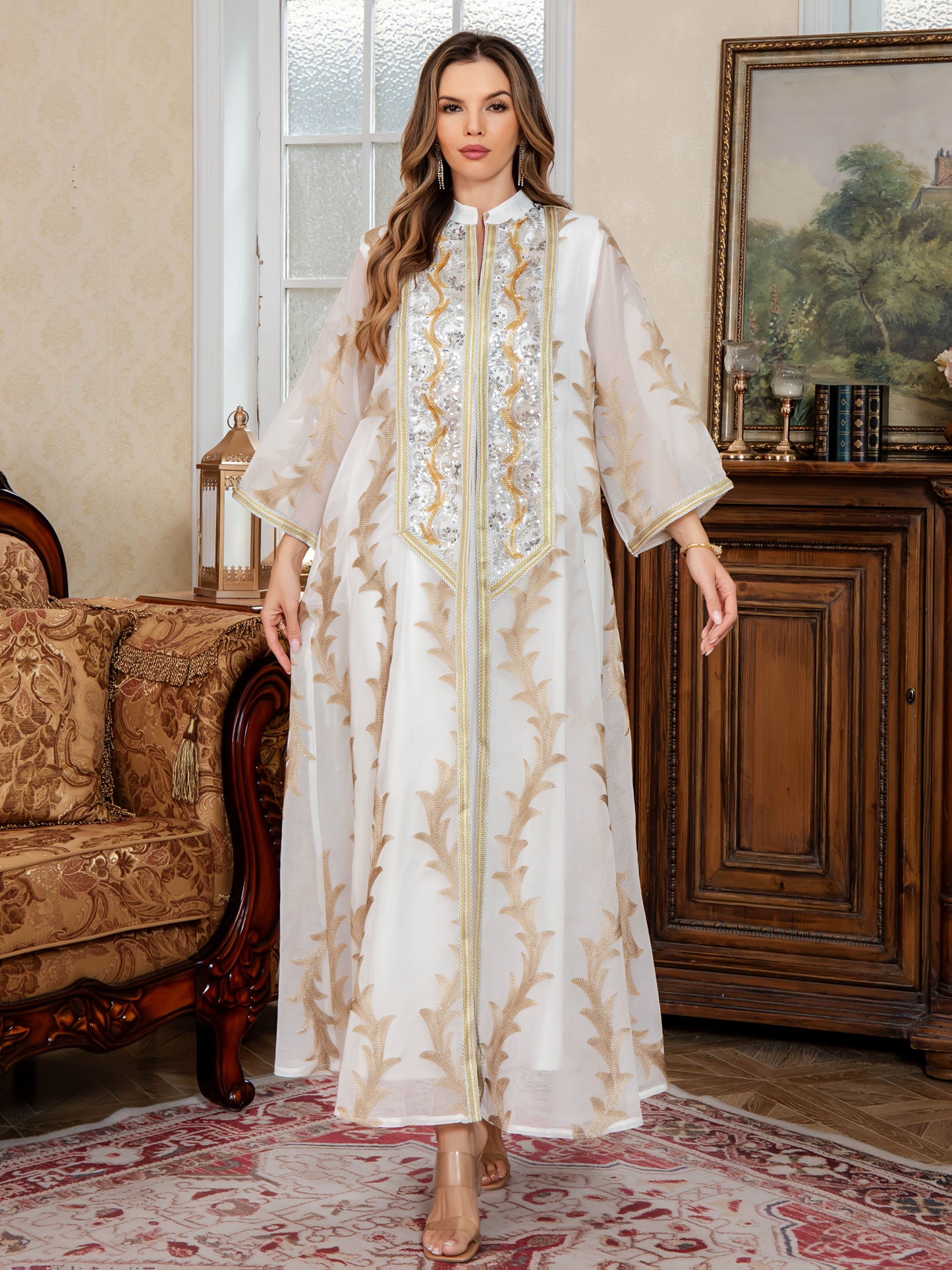 New Sequin Abaya Dress, Middle Eastern High-end Elegant Pure Muslim Two-piece Set, Fashionable and Comfortable Design, Suitable for Daily Wear, INS Middle Muslim Embroidered Long Robe Abaya Light Luxury Evening Dress Two-piece Set