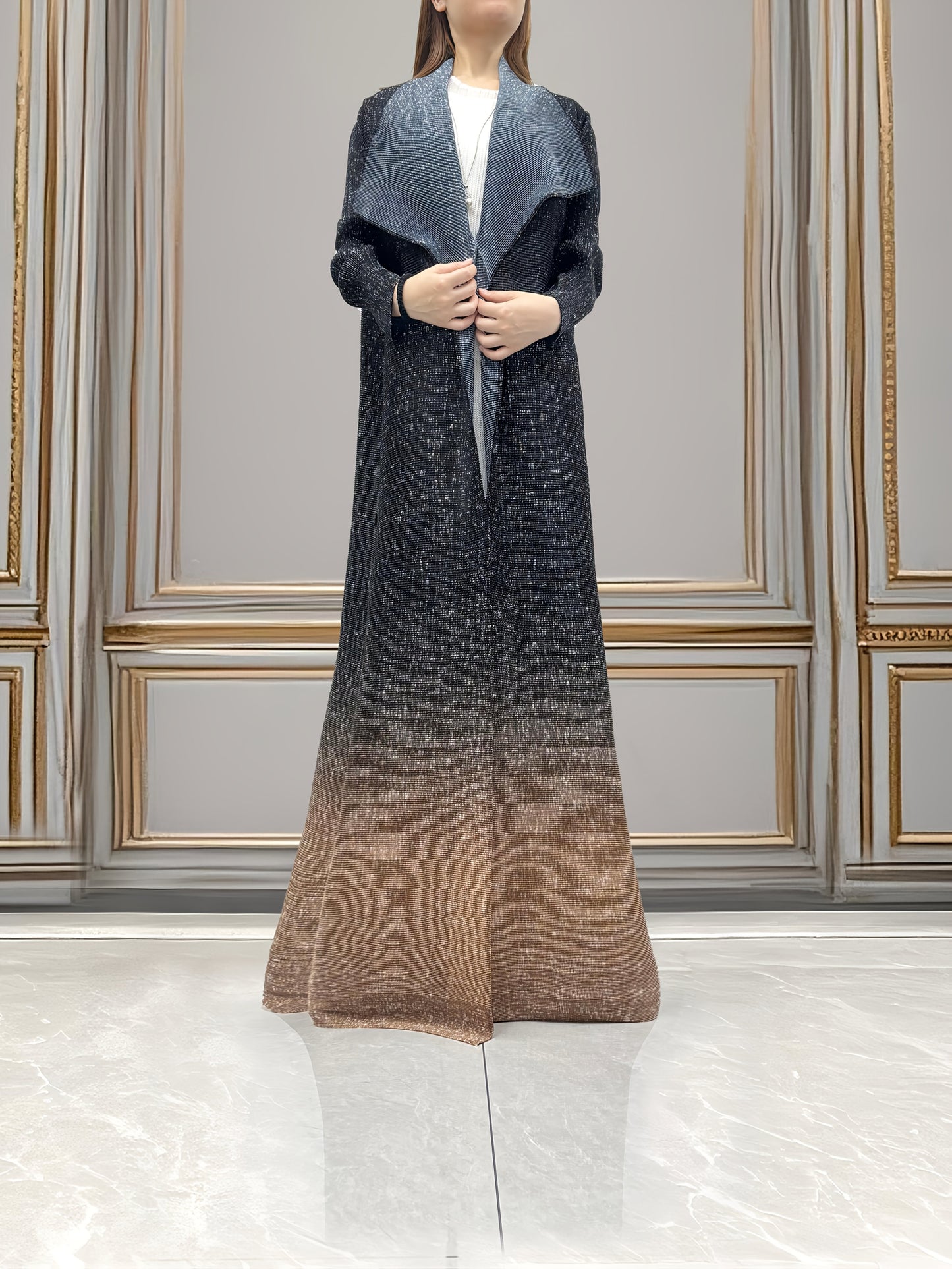 Elegant Black to Brown Ombre Modern Abaya Robe - High Elasticity Breathable Fabric, A-Line Pleated Design with Lapel & Button Details, Machine Washable for Business Banquets, Art Salons