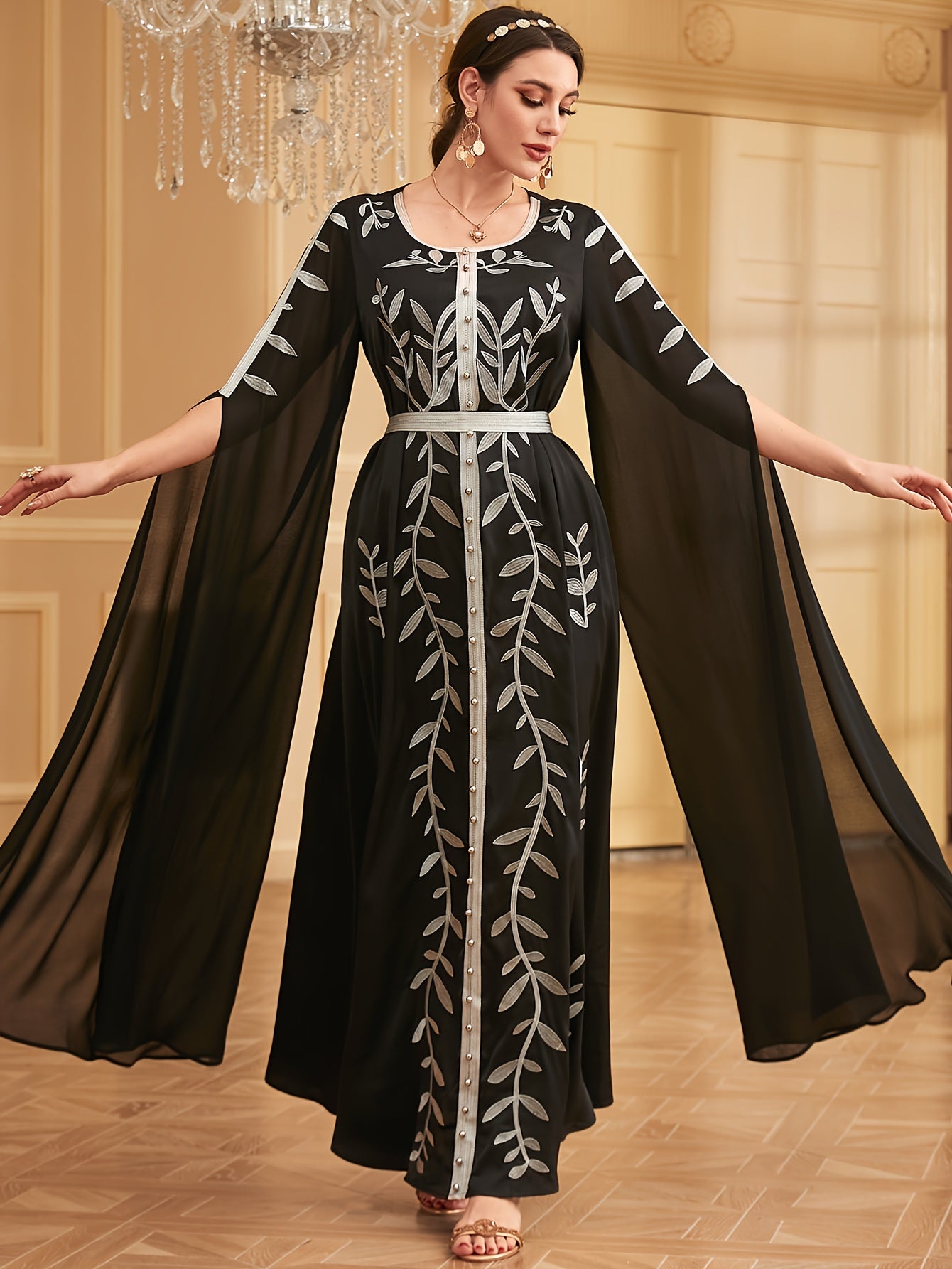 Middle Eastern-Inspired Embroidered Burgundy A-Line Kaftan Abaya with Ultra-Long Sleeves, Cinched Waist & Exaggerated Hem - Machine Washable Formal & Casual Elegance, Special Occasion