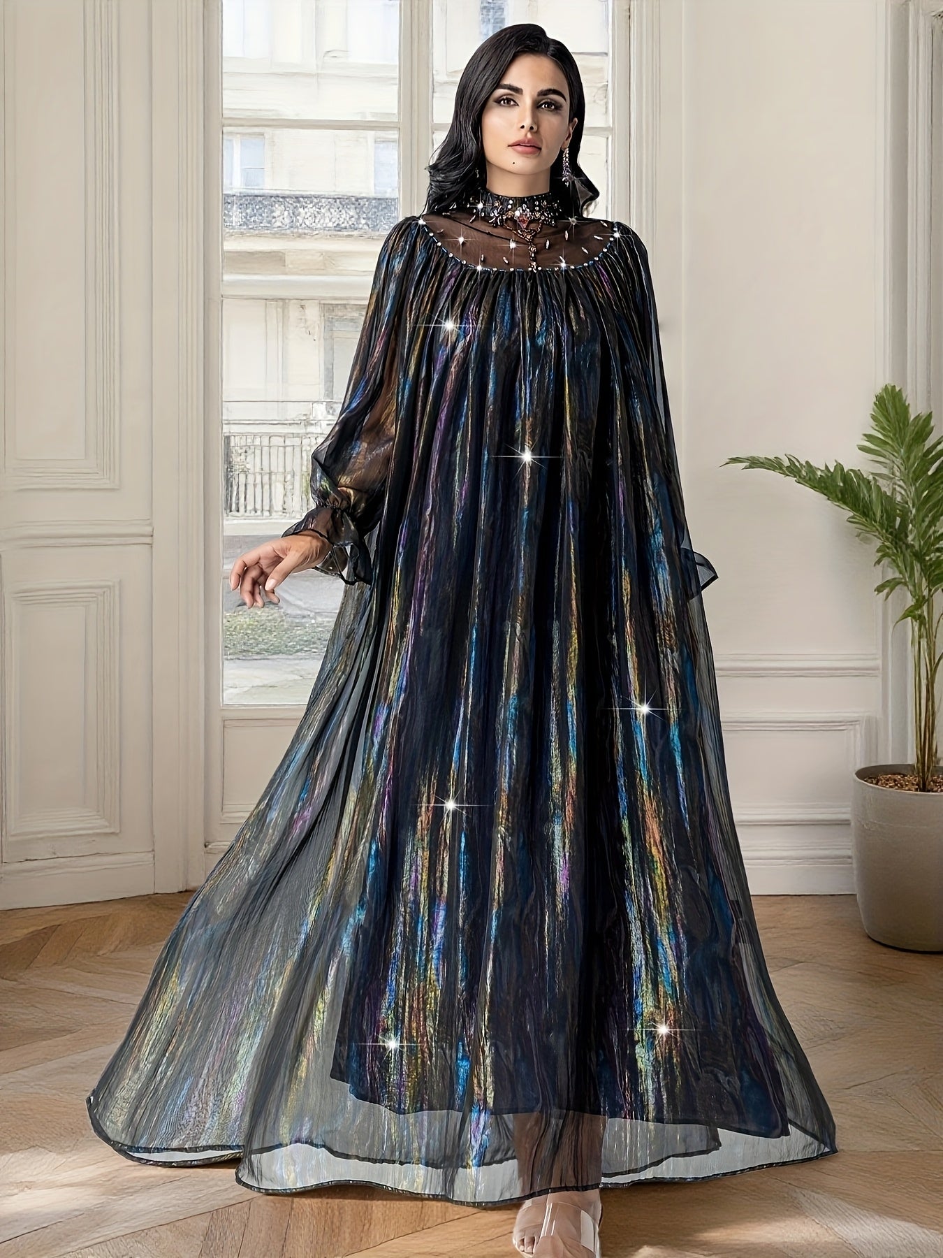 Elegant Rhinestone-Embellished kaftan Abaya Dress with Iridescent Shimmering Fabric, Arabian-Inspired Lantern Sleeves & Long Train - Hand Wash Only Traditional Formal Wear for Weddings