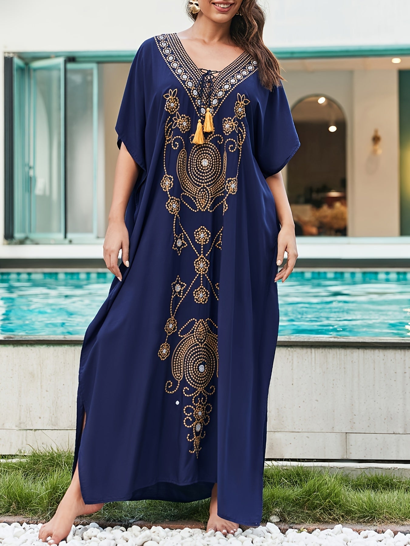 Swimsuit Coverup Embroidered V-Neck Kaftan Plus Size Summer Long Dress