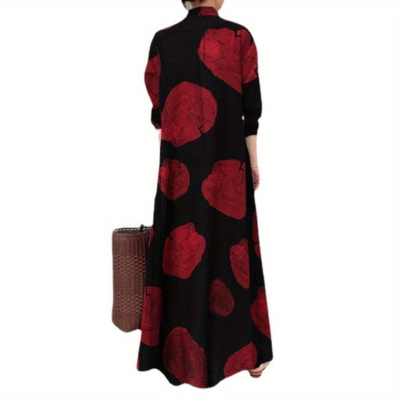 Women's Islamic Abaya Dress - Elegant Long Sleeve Muslim Jilbaab Dress with Lapel Collar, Black & Golden Floral Print, Loose Fit Modest Muslim Gown for Everyday & Special Occasions