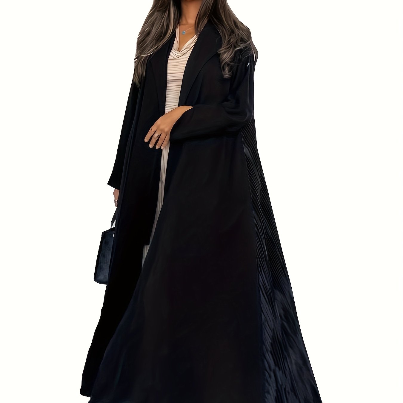 Elegant Black Arabian Fashion Emirati Abaya with Ruffle Detail - V-Neck, Long Sleeve, Floor-Length Kaftan for Women, Casual Style, All-Season Wear, Casual Wear Abaya | Vneck Abaya | Polyester Abaya