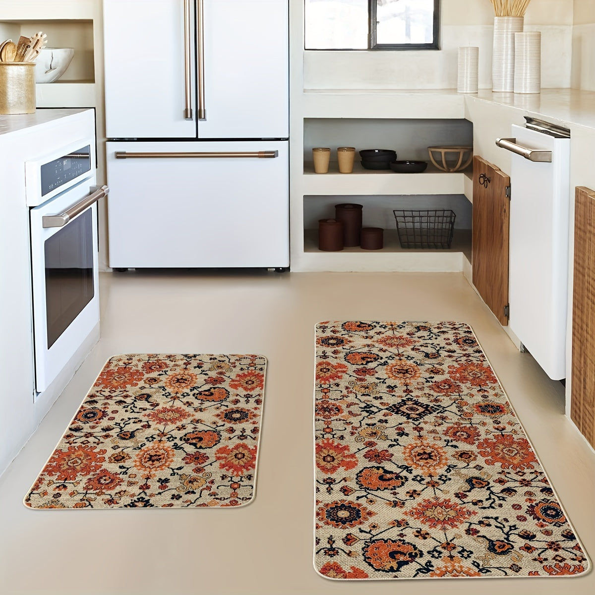 Sm:)e Flowers Bohemia Kitchen Mats Set Of 2, Daily Boho Home Decor Low-Profile Kitchen Rugs for Floor - 17x29 And 17x47 Inch