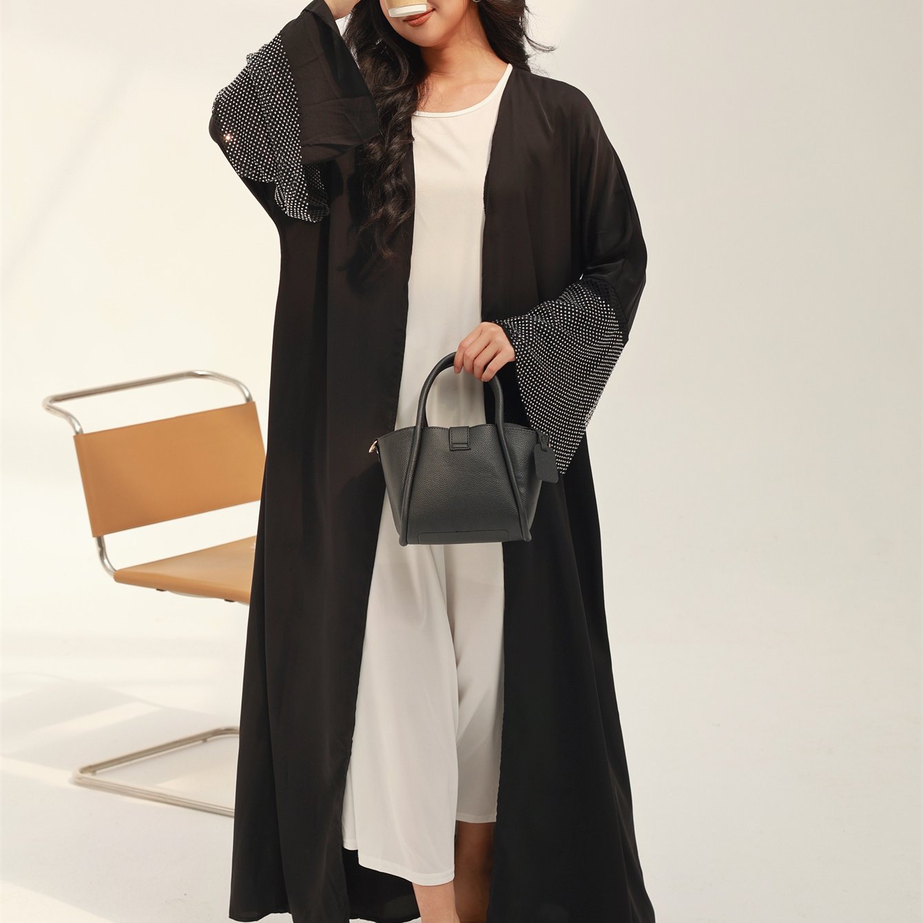 Elegant Middle Eastern Turkish Abaya Kaftan with Rhinestone Sleeves - Black & White Two-Tone Loose Fit Long Robe, Floor-Length Modest Islamic Dress for Women, Hand Wash/Dry Clean
