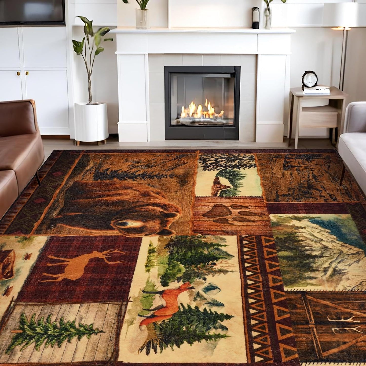 small house bear moose throwing carpet, area carpet in farmhouse style, used for living room and bedroom entrances, non slip washable soft brown floor carpet, retro rural wildlife home decoration area carpet