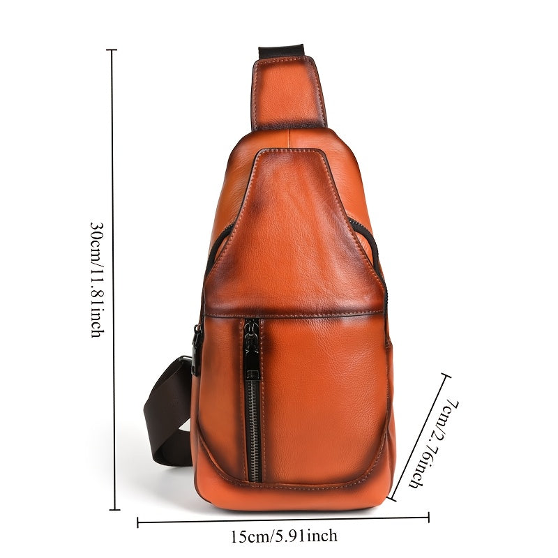 Men's Vintage Genuine Leather Chest Bag - Large Capacity Casual Messenger Shoulder Bag with Zipper Closure, Outdoor Shoulder Bag | Retro Style Bag