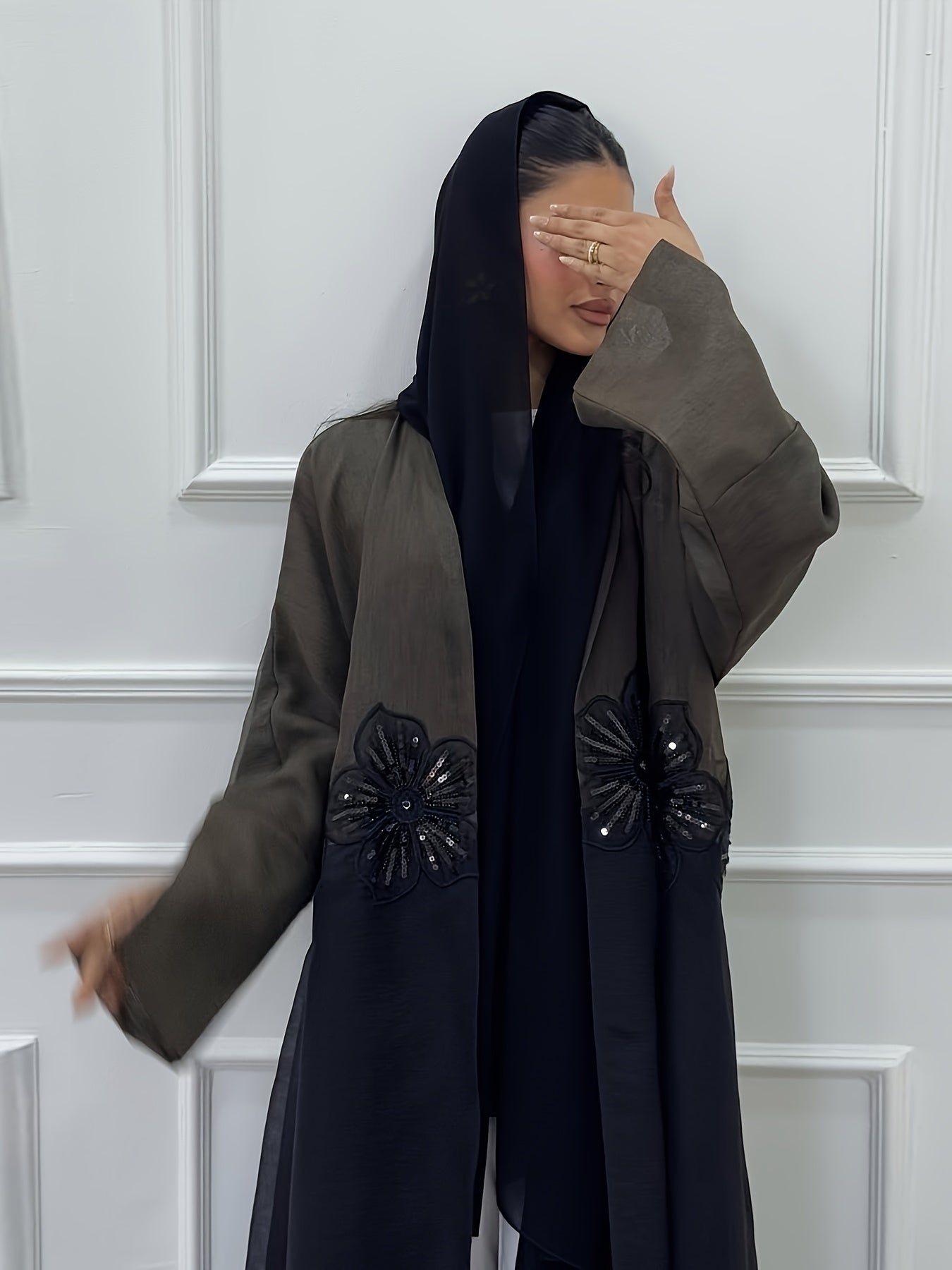 Elegant Modest Muslim Women's Abaya Robe with 3D Beaded Appliqués - Chic Open Front, Long Sleeve, High-Quality Fabric, Dark Blue & White Color Block, Loose Fit for All Seasons, Muslim Dress