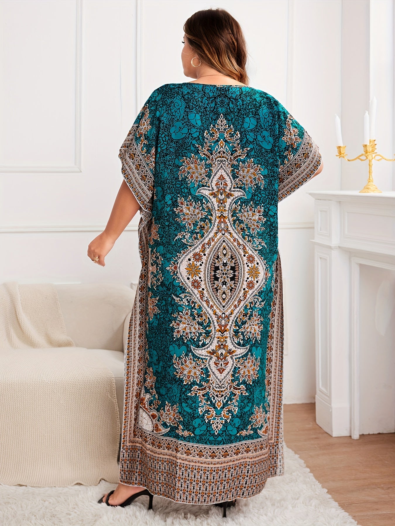 Plus Size, European and American Plus Size Women's Bohemian Vacation Dress with Middle Eastern Kaftan Abaya Style