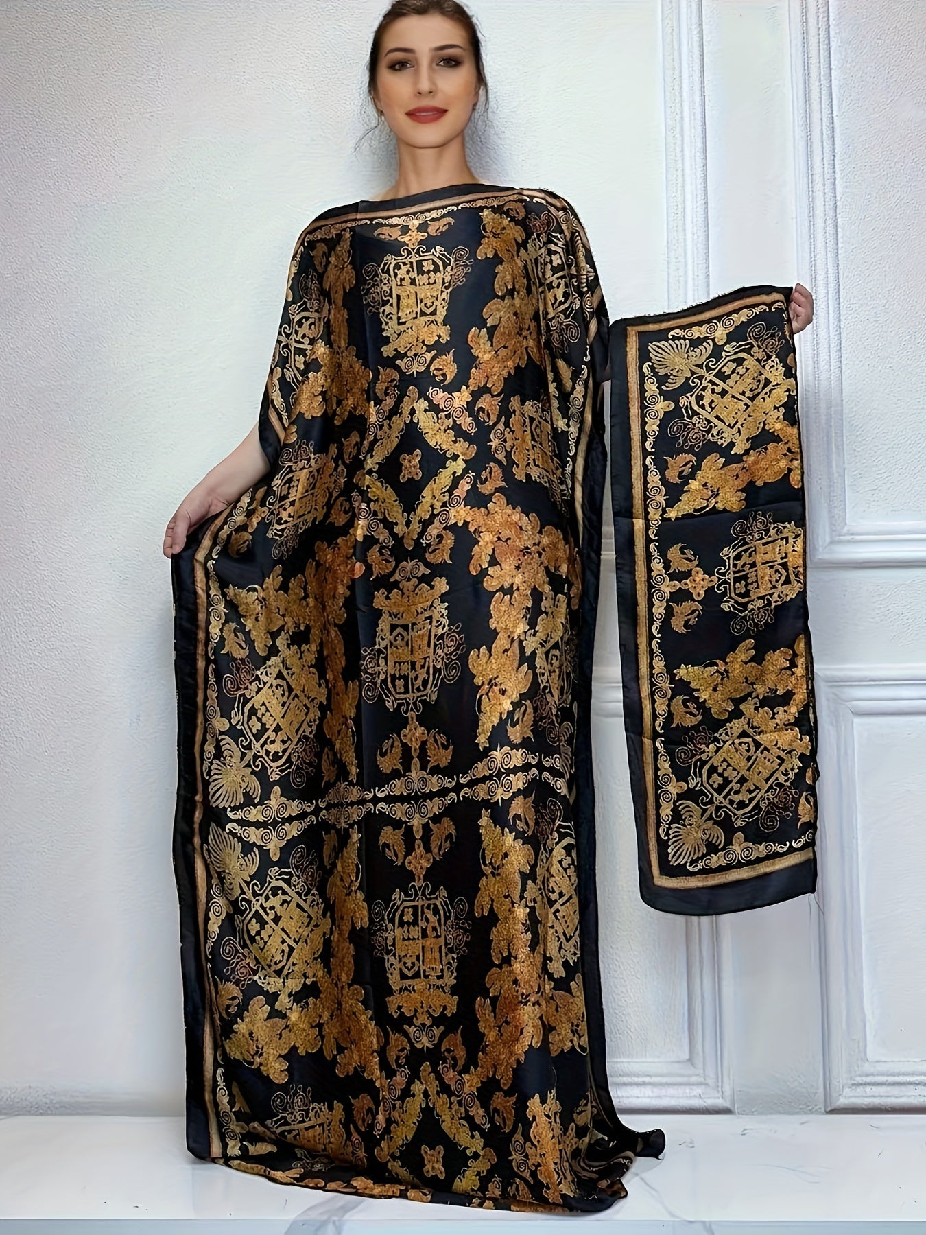 Lightweight Polyester Women's Kaftan Abaya Dress | Golden Floral Print Batwing Sleeve Loose Fit Maxi Dress, Middle Eastern-Inspired Spring Summer Fall Casual to Formal Wear with Scarf