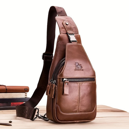 Men's Large Capacity Leather Chest Sling Bag, Head Layer Cowhide Chest Crossbody Bag, Retro Casual Style Shoulder Bag