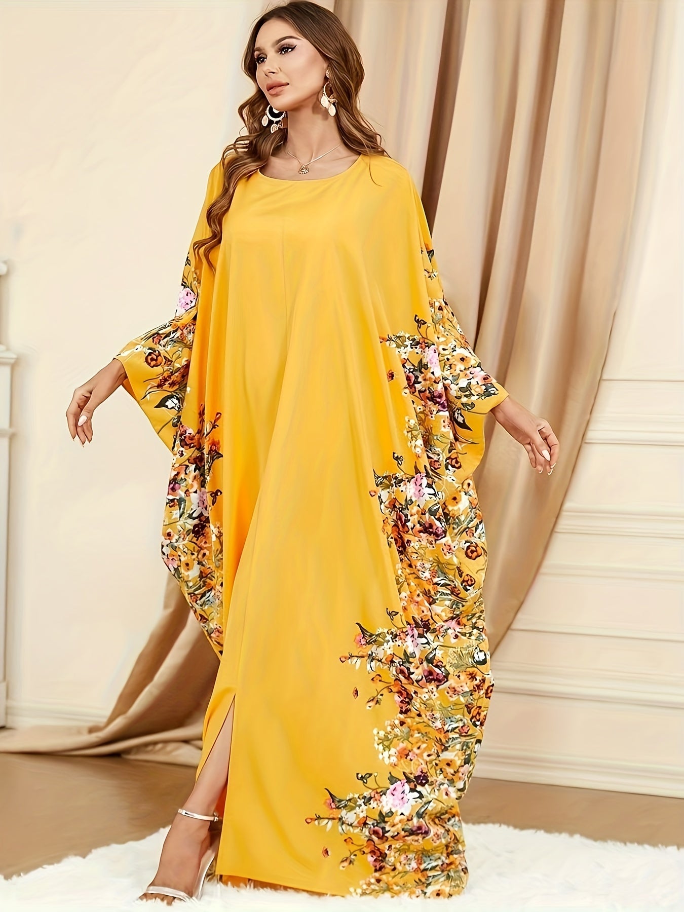 Floral Print Crew Neck Kaftan Abaya, Elegant Batwing Sleeve Split Maxi Dress, Women's Clothing