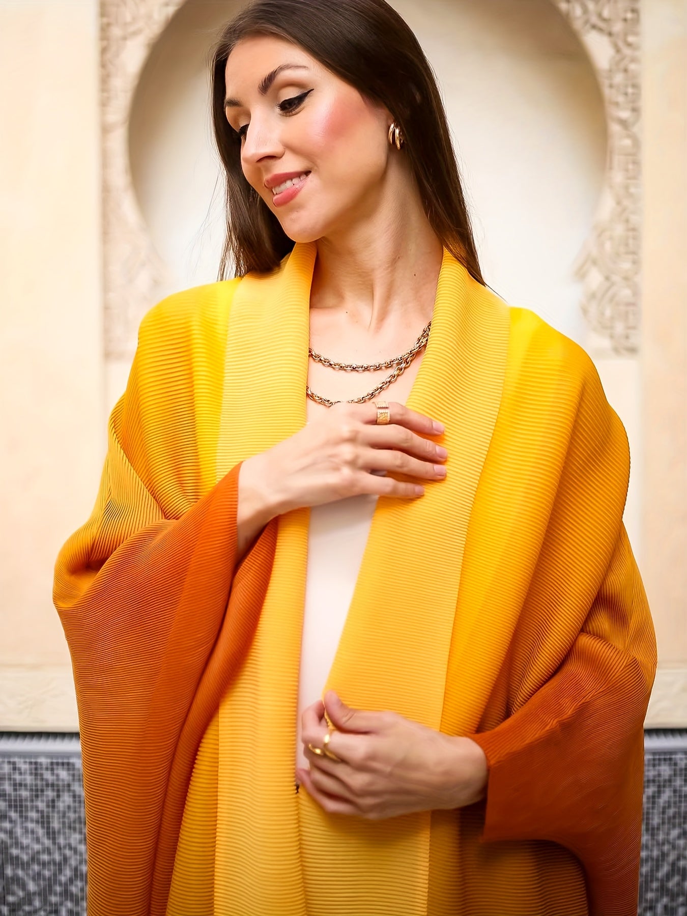 Plus Size - Women's Plus Size Yellow Abaya with Geometric Print - Loose Fit, Long Sleeve, Open Front, Wide Leg, Casual & Versatile for Spring/Summer/Fall, Casual Wear Abaya