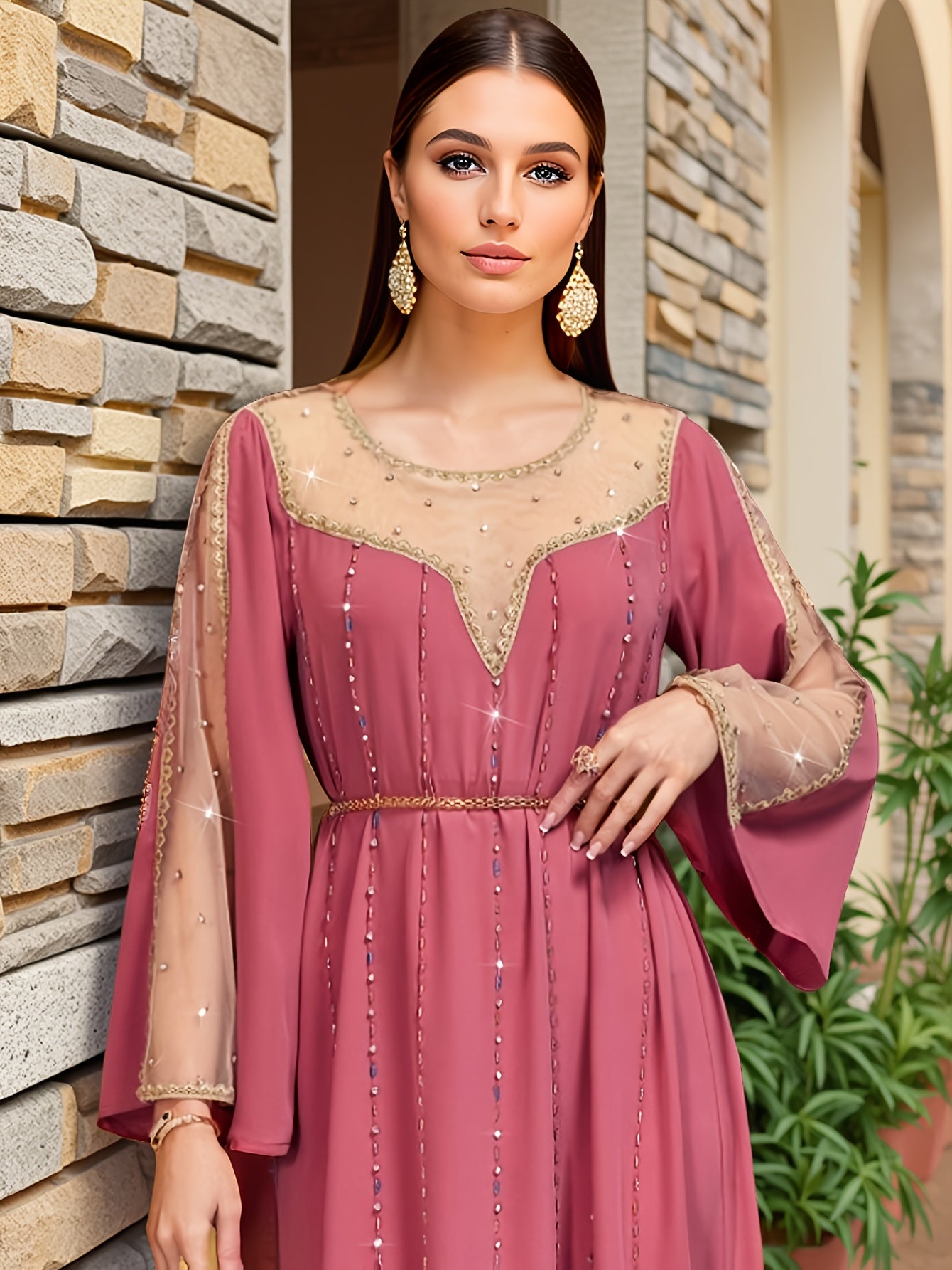 Women's Middle Eastern-Inspired Rhinestone-Embellished Long Sleeve Modern Abaya - Solid Peach Pink Polyester with Belt Detail, Elegant Spring/Summer Party & Casual Wear, Hand Wash Only