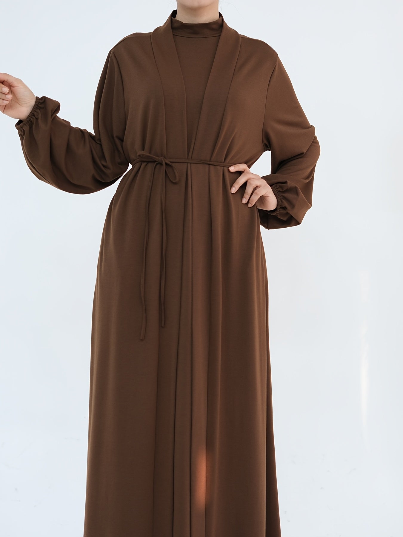 2pcs Solid Color Dress + Casual Round Neck Sleeveless Vest | Women's Clothing, Long Sleeve Arabic Abaya