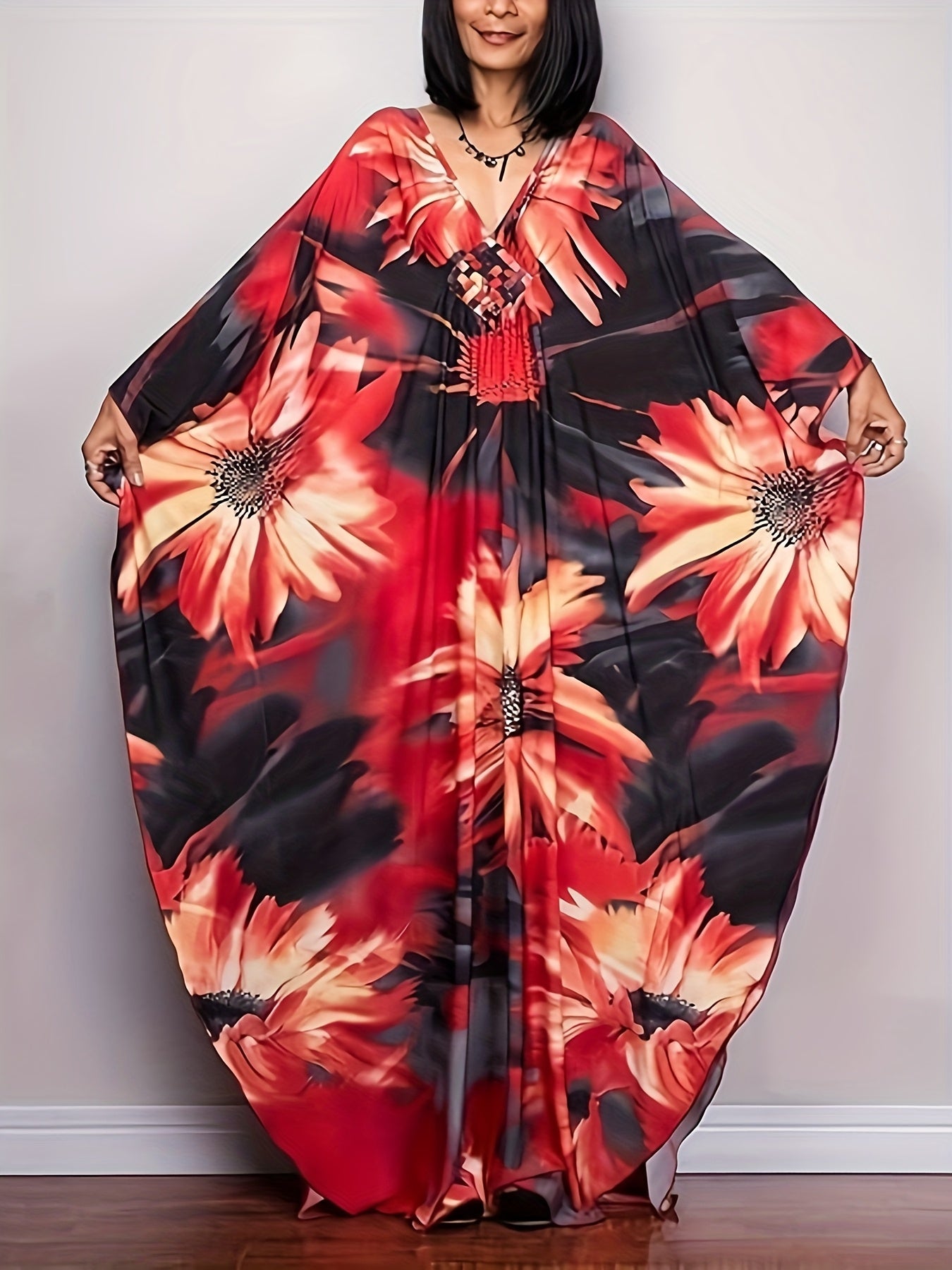 Plus Size, Women Ethnic Print Kaftan Beach Dress Plus Size Swimsuit Cover Up