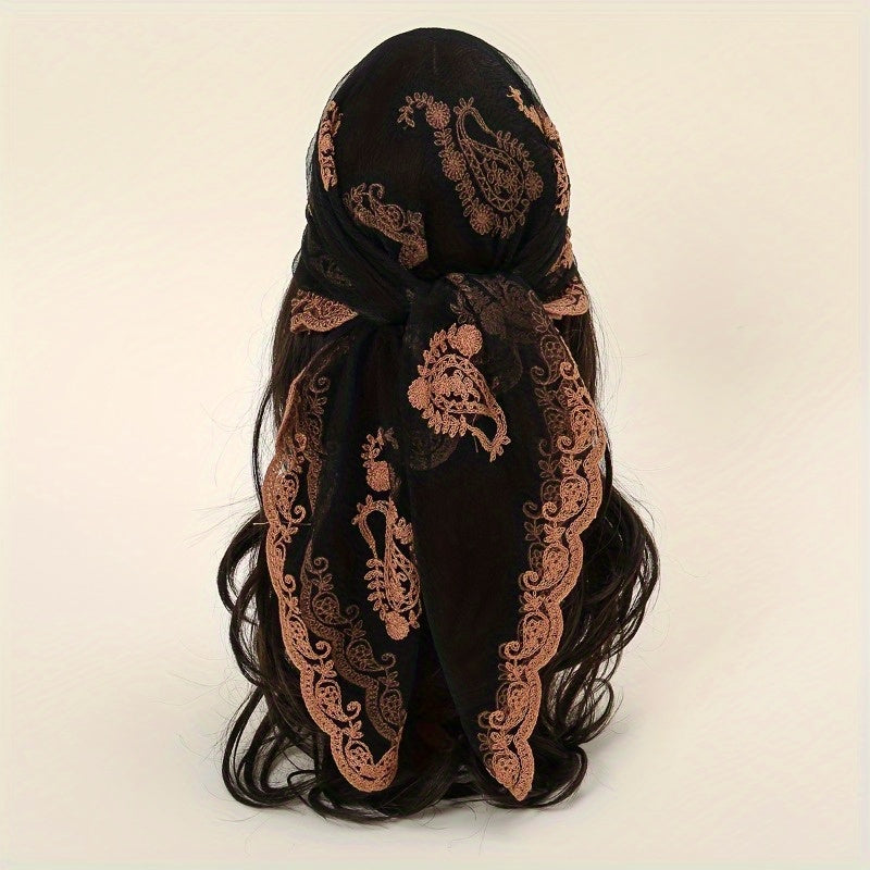Thin Gauze Paisley Embroidery Elegant Square Scarf | Casual Rusty Brown Head Wrap