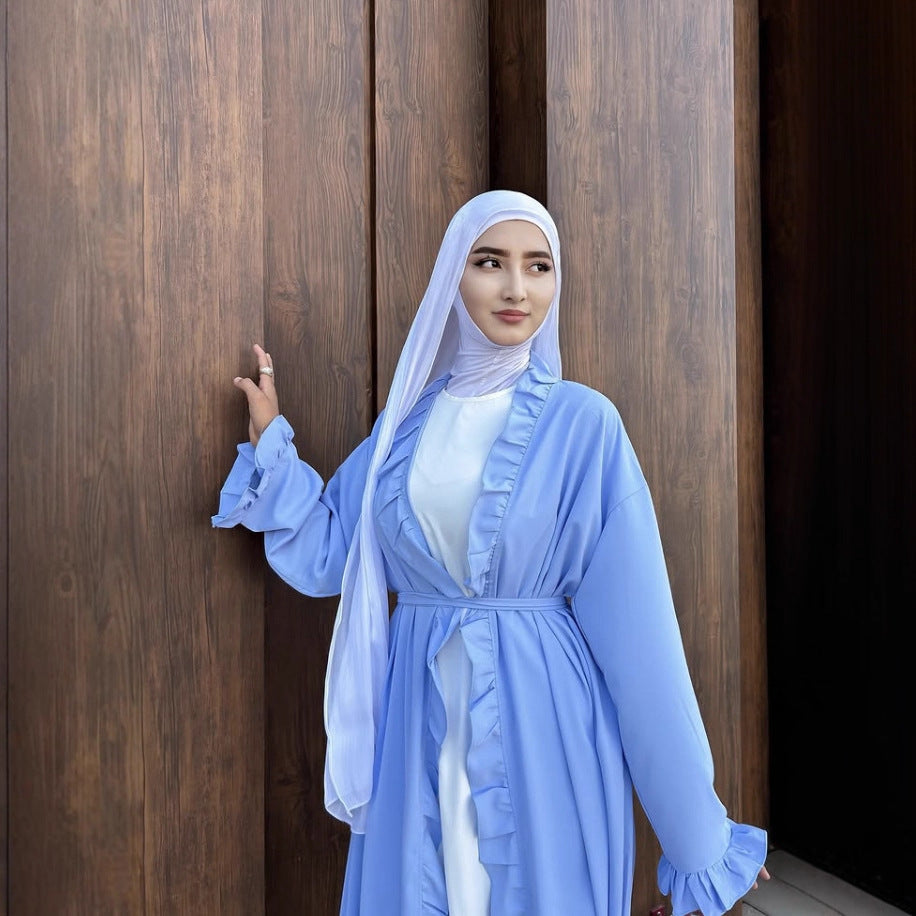 Women's Elegant Arabic Abaya Robe - Lightweight Breathable Loose Fit Long Sleeve Arabic Dress with Belt, Solid Color Machine Washable All-Season Casual & Formal Wear