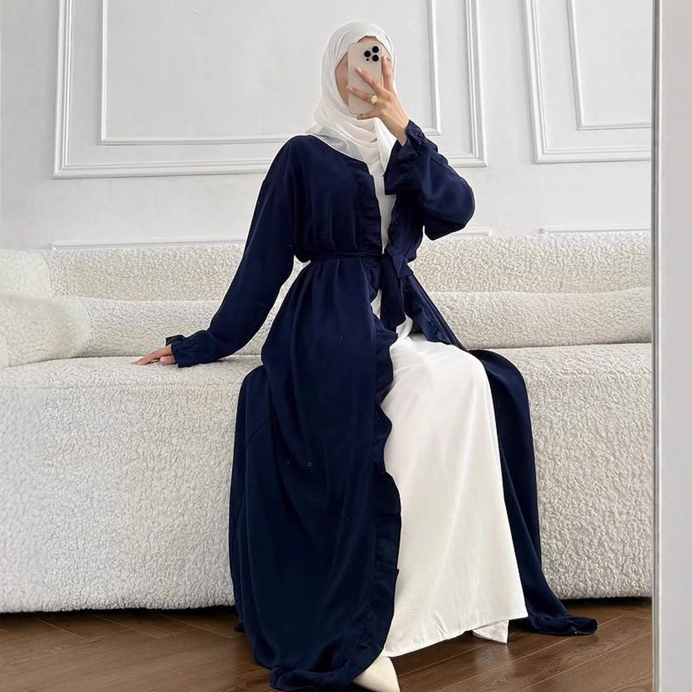 Women's Elegant Arabic Abaya Robe - Lightweight Breathable Loose Fit Long Sleeve Arabic Dress with Belt, Solid Color Machine Washable All-Season Casual & Formal Wear