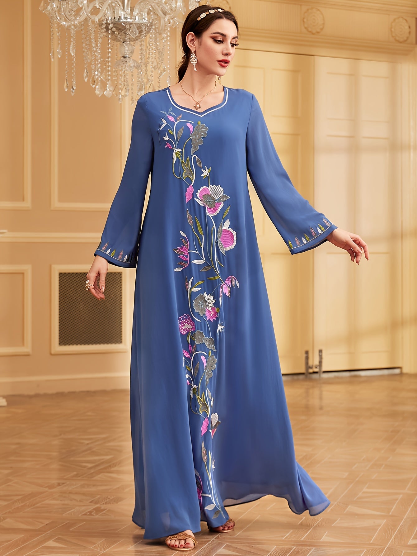 Elegant Embroidered Long Sleeve Maxi Baju Abaya - Polyester, Machine Washable, Non-Stretch Fabric for Women