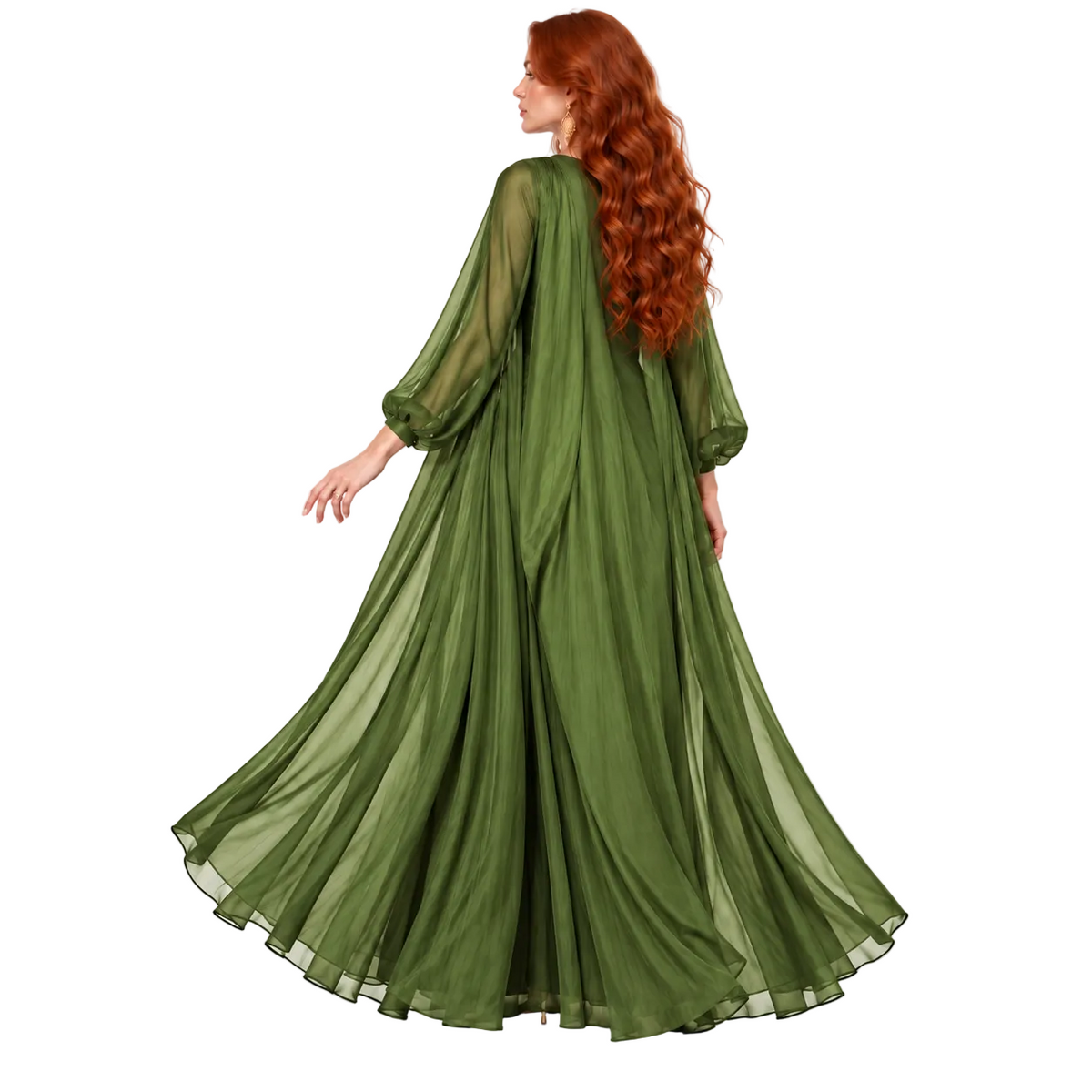 Elegant Olive Green Satin Lebaran Kaftan