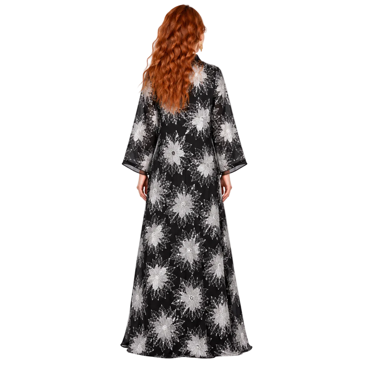 Black White Floral Satin Lebaran Kaftan