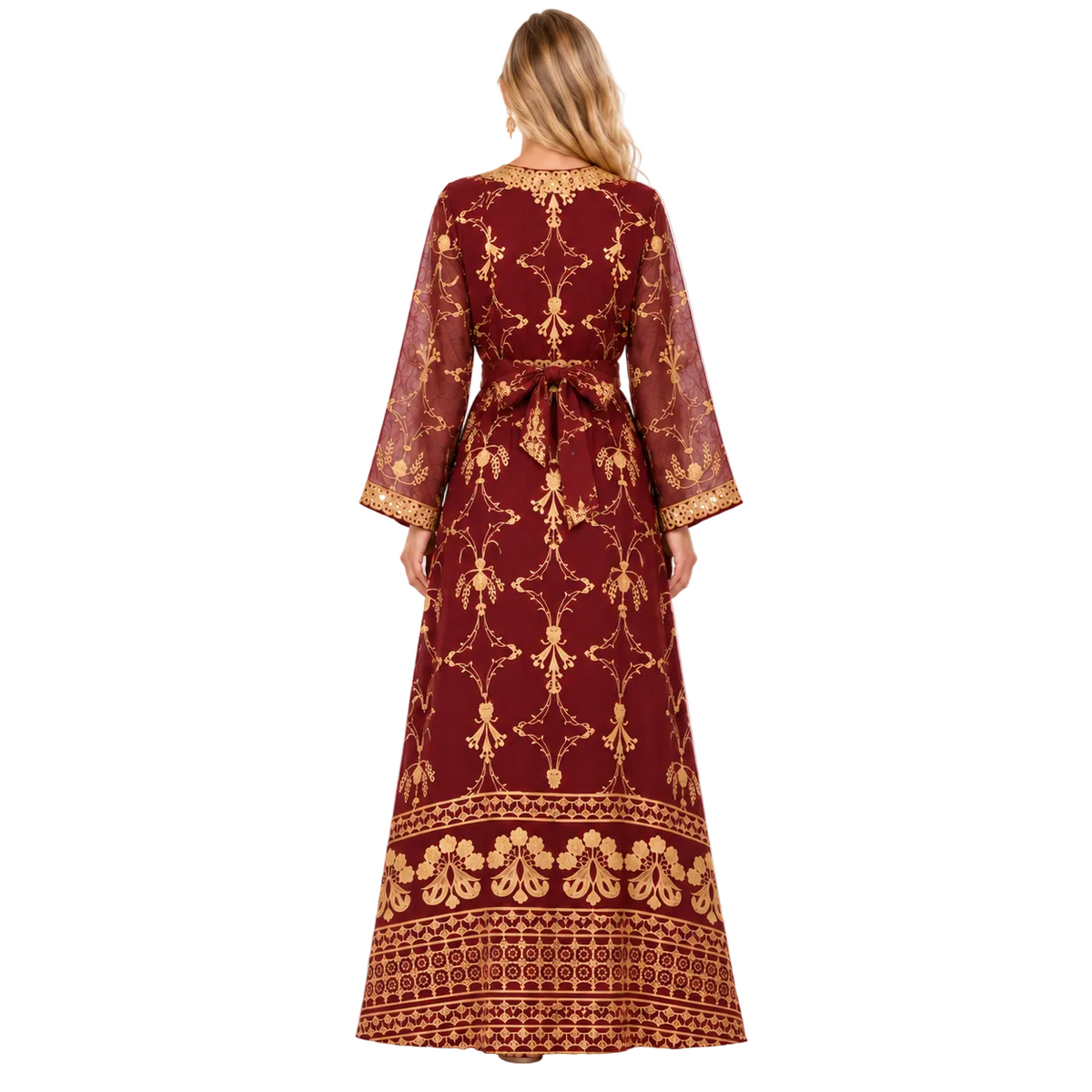 Red Gold Embroidered Elegant Gamis Kaftan