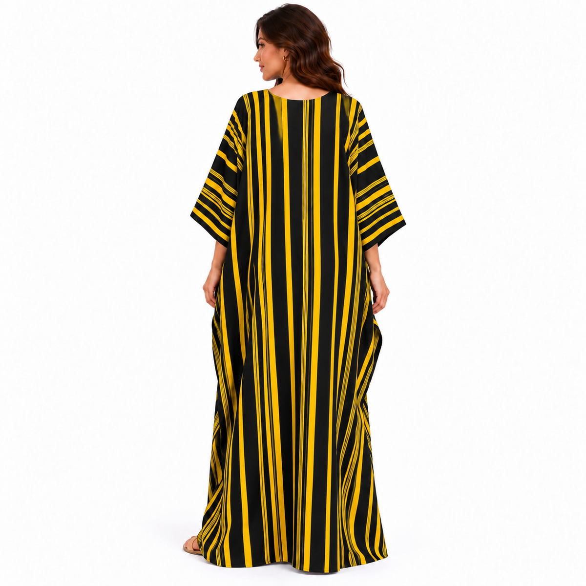 Elegant Black Yellow Striped Linen Kaftan