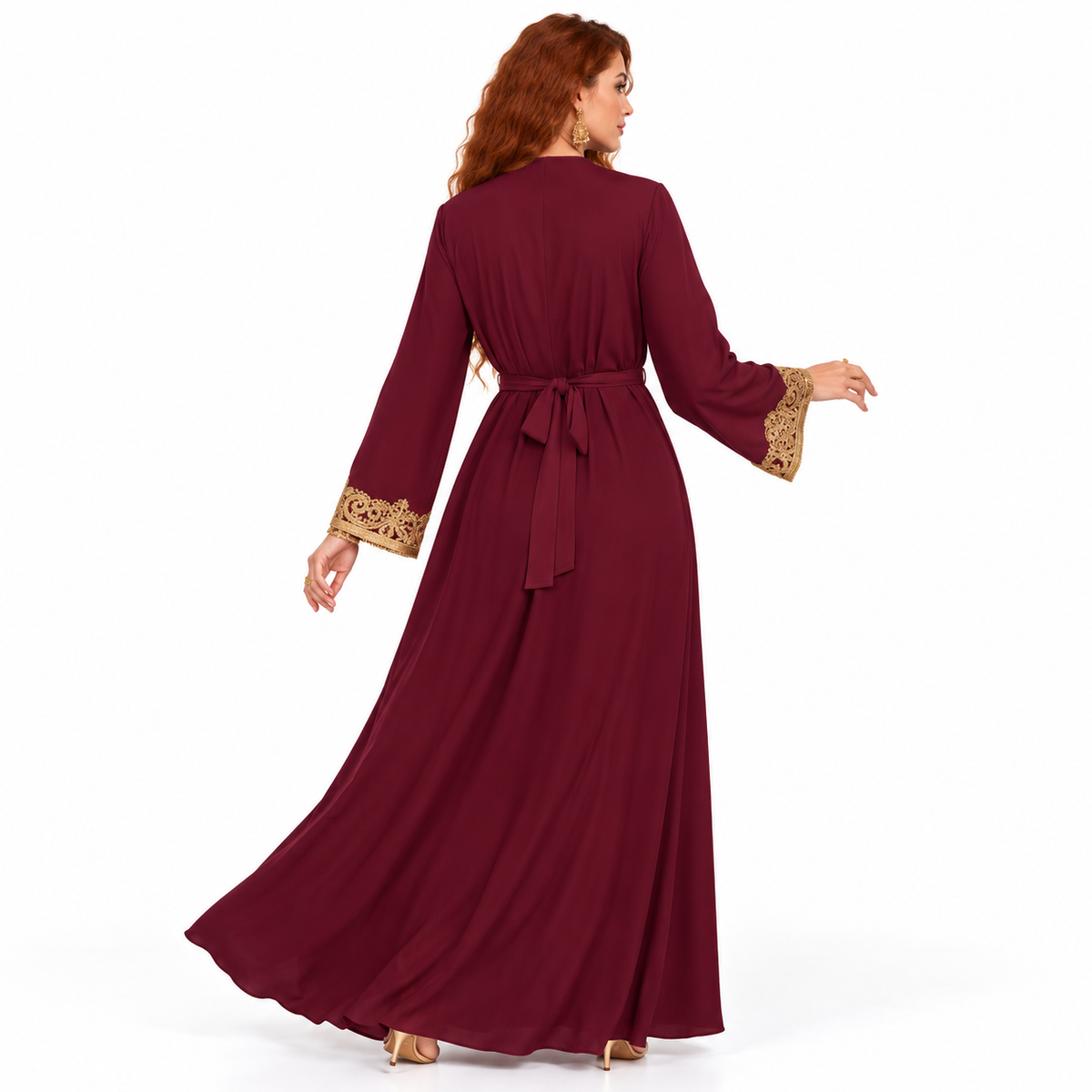 Wine Red Gold Embroidered Lebaran Kaftan