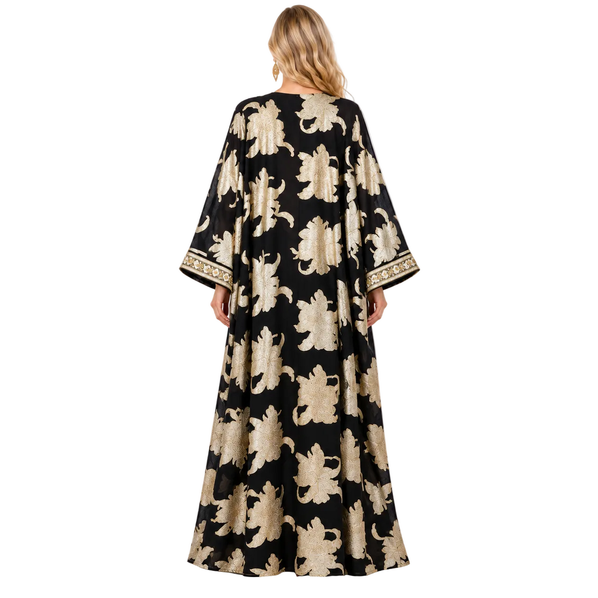 Elegant Black Gold Floral Gamis Kaftan