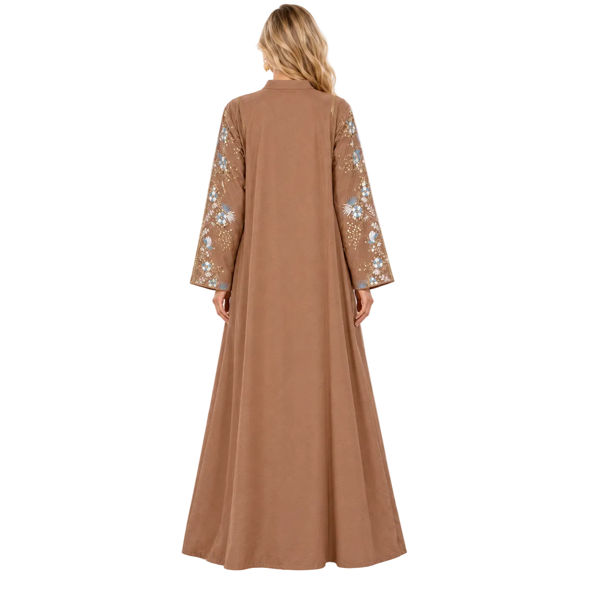 Coffee Blue Floral Embroidered Gamis Kaftan
