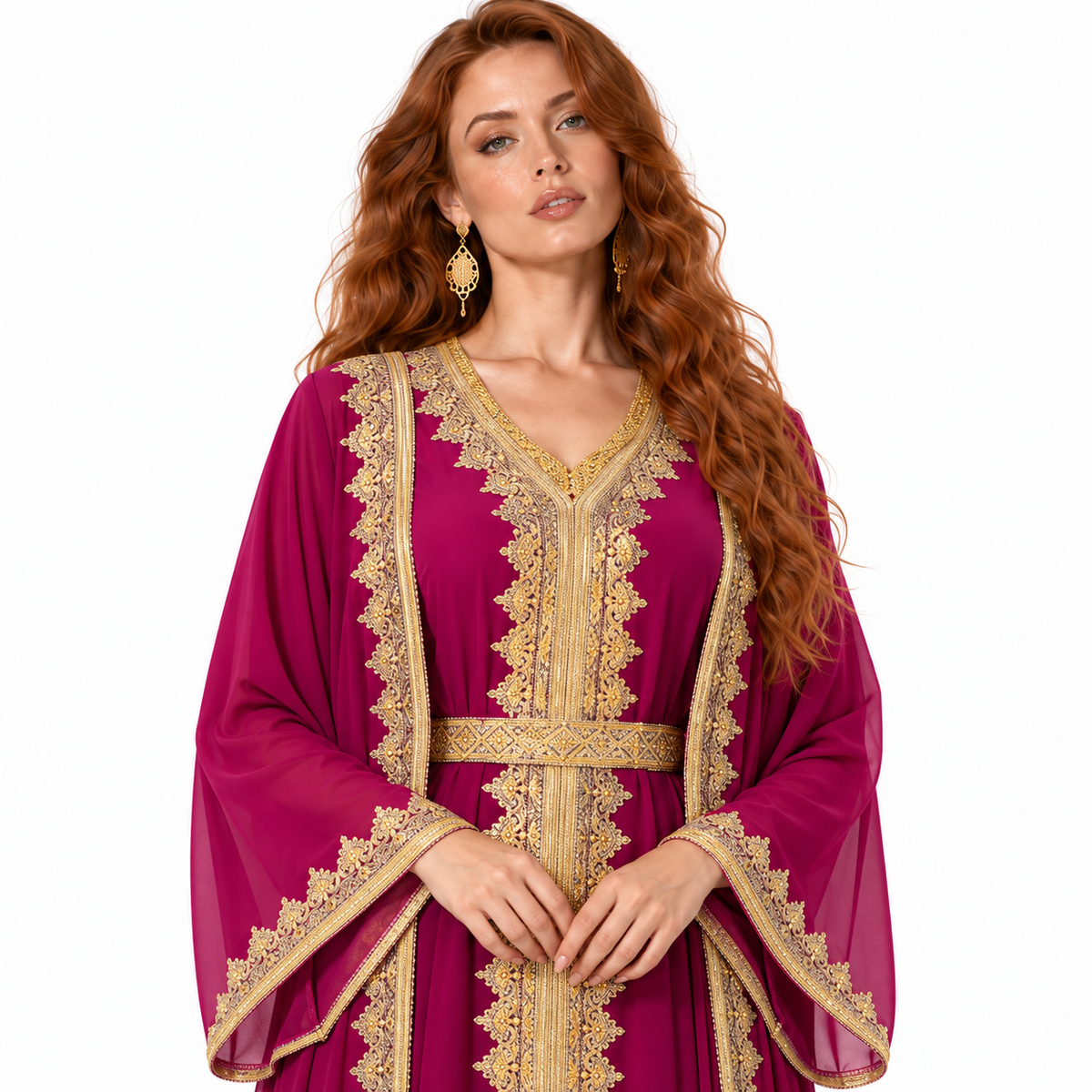 Magenta Gold Embroidered Lebaran Kaftan Dress