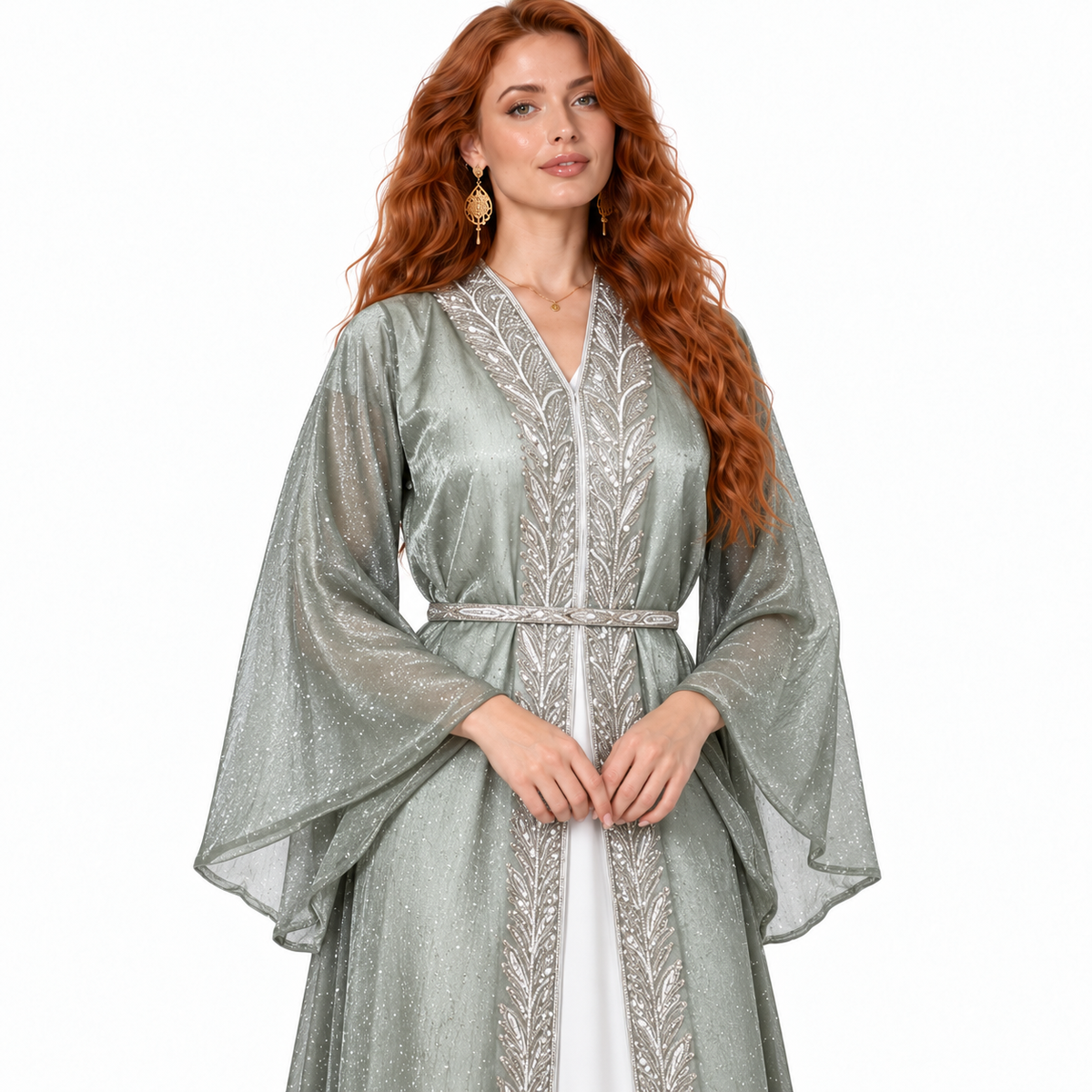 Sage Green Silver Embroidered Lebaran Kaftan
