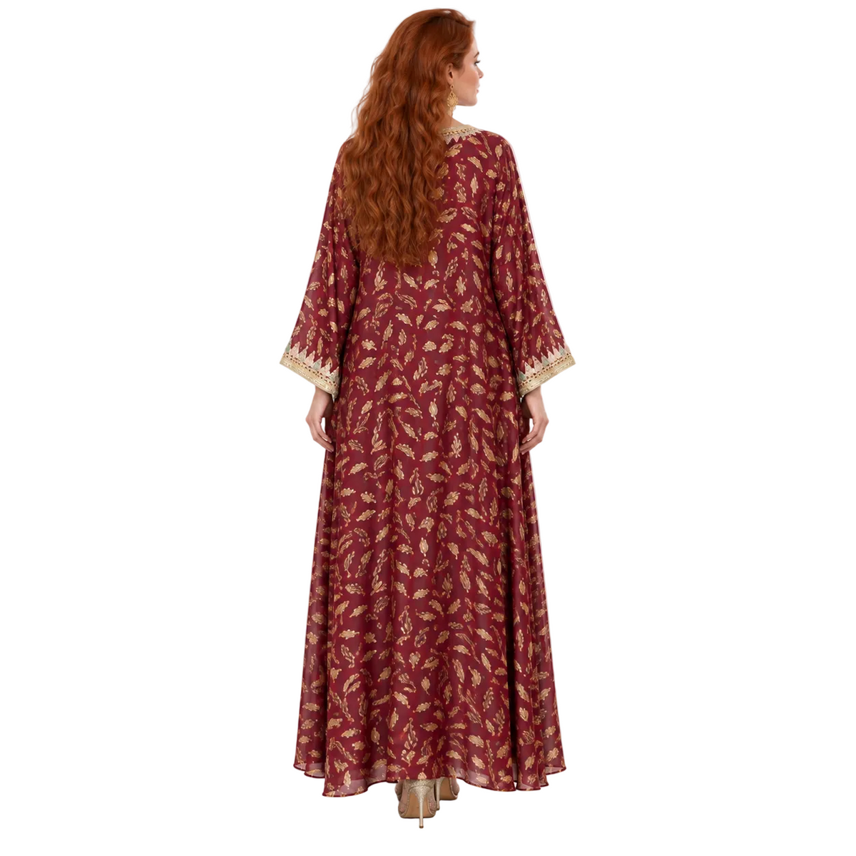 Burgundy Gold Floral Embroidered Lebaran Kaftan