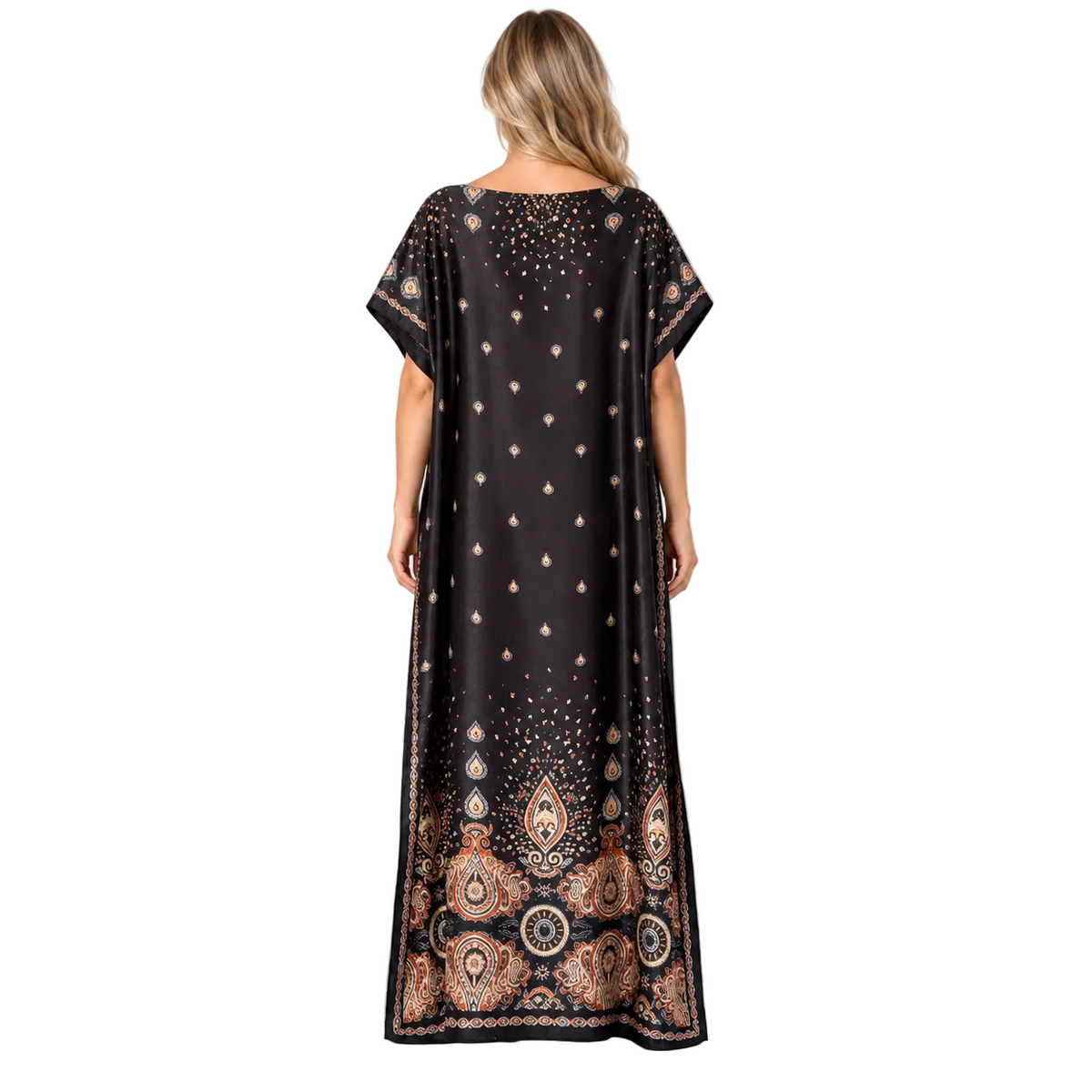 Black Paisley Print Silk Satin Kaftan