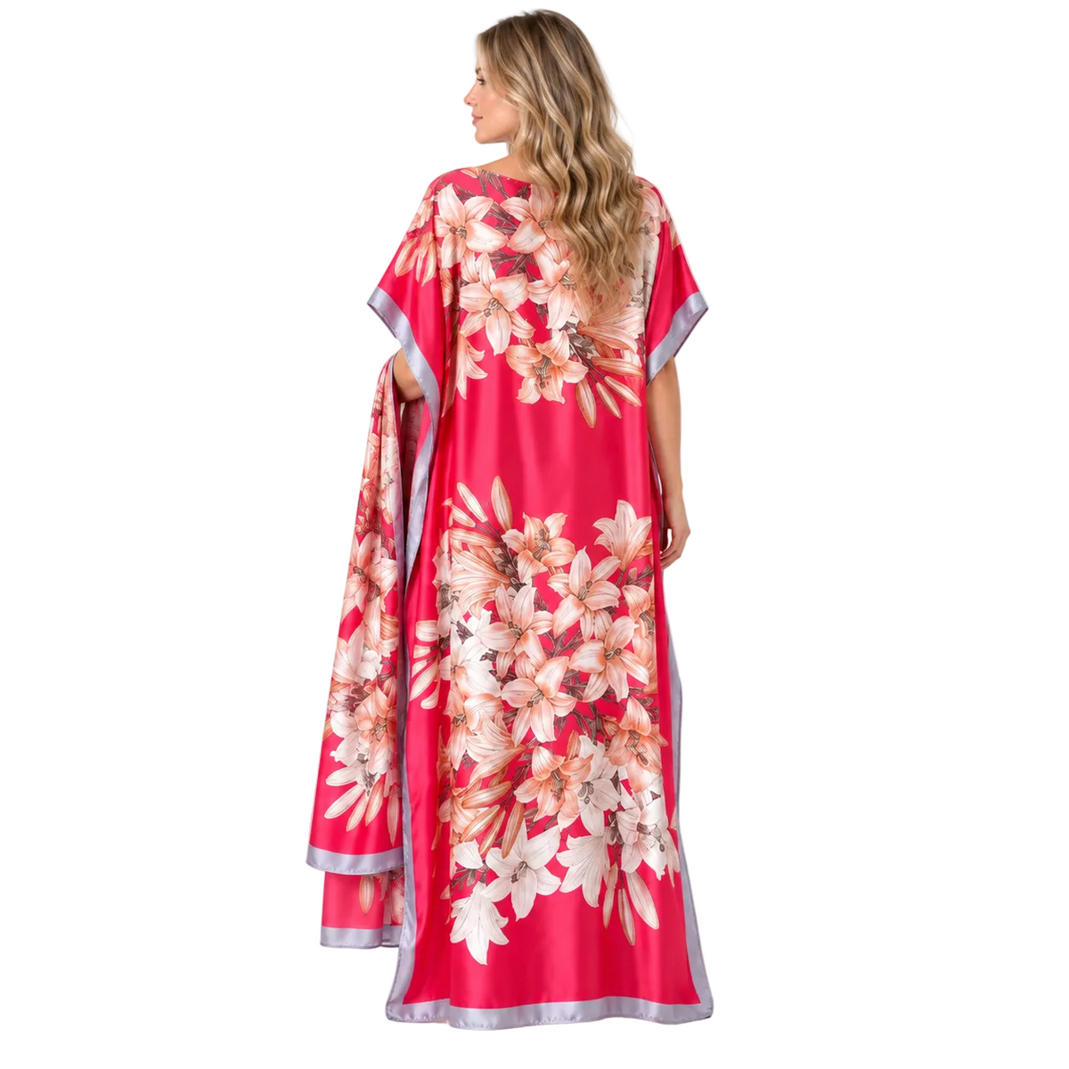 Pink Floral Silk Satin Luxury Kaftan