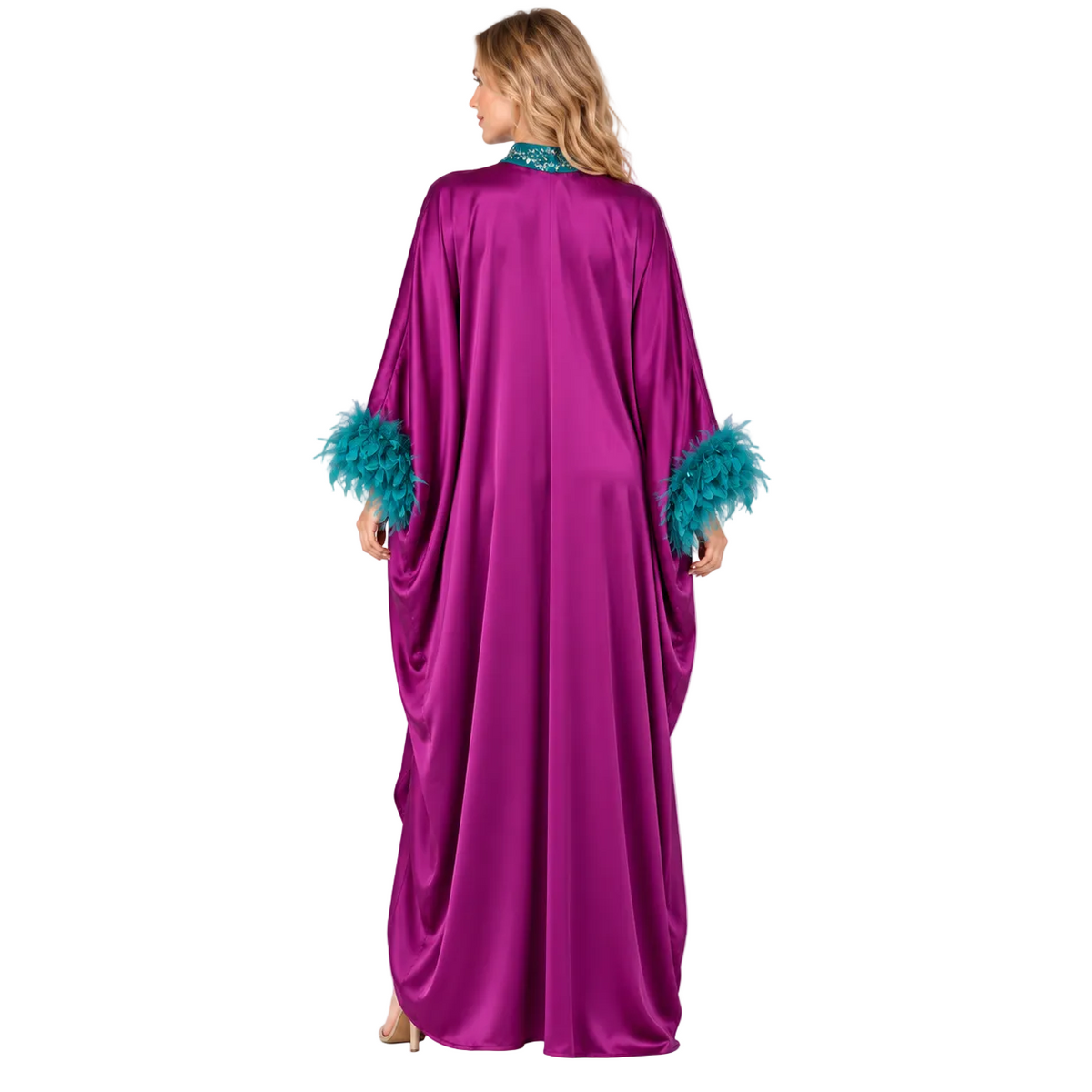 Elegant Purple Satin Teal Feather Kaftan
